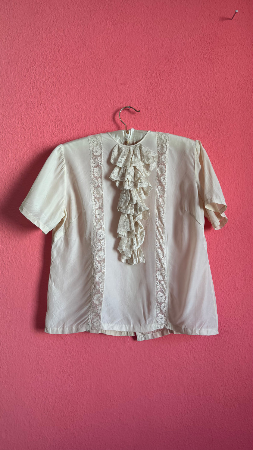 Vintage 1980s Ivory Lace Ruffle Blouse