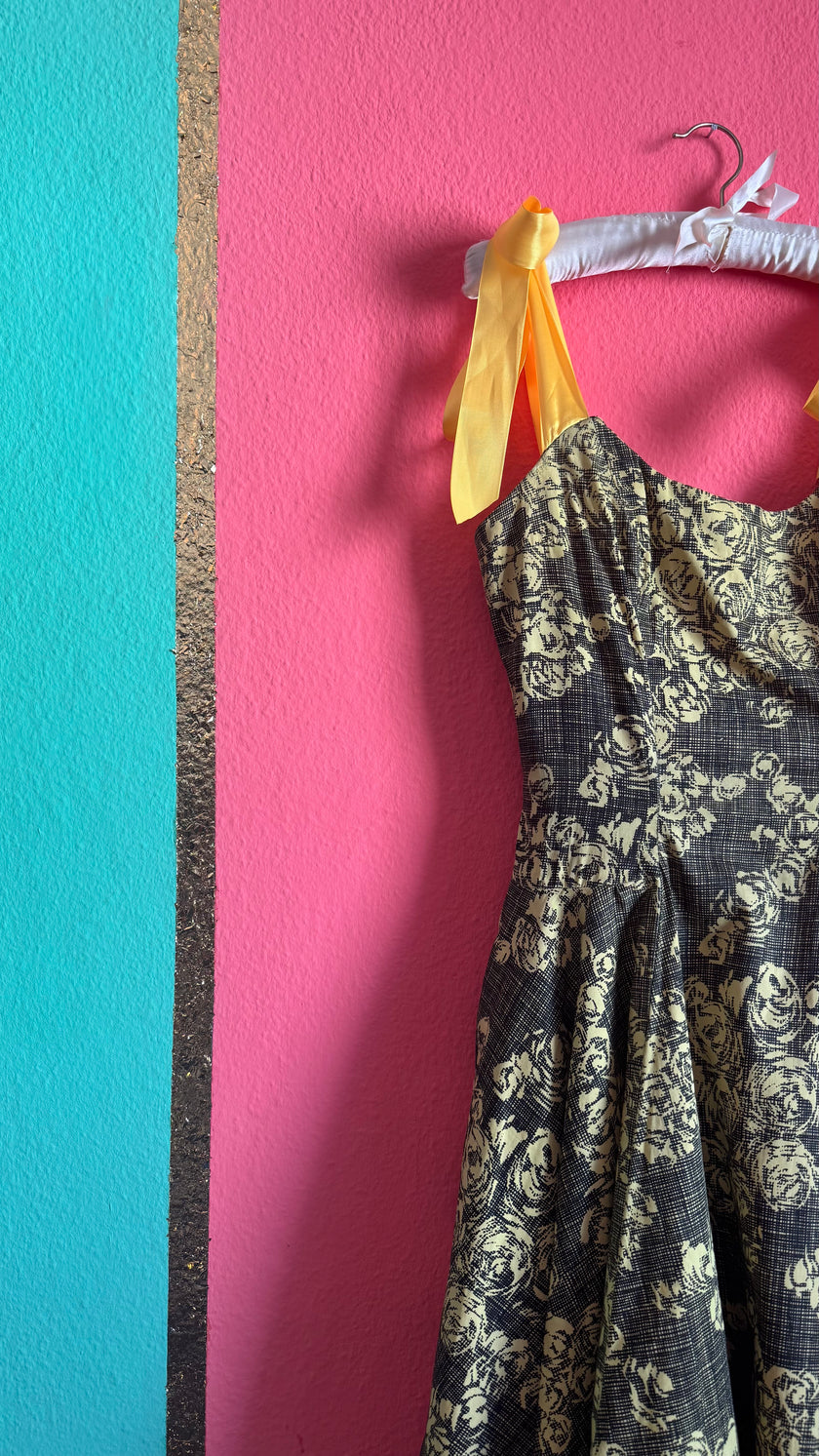 Vintage 1950s Black & Yellow Floral Cotton Blend Dress by Estevez for Grenelle