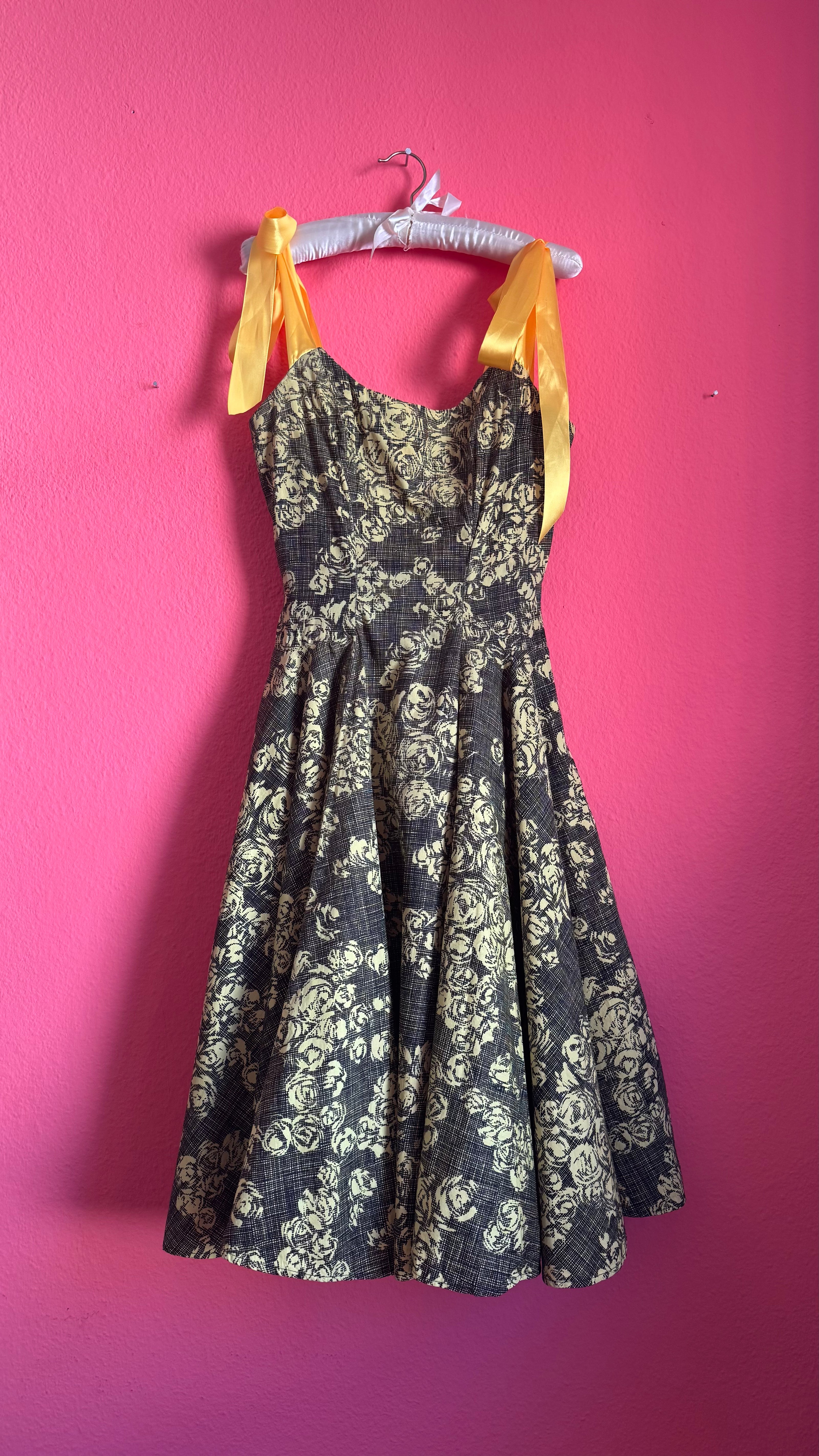 Vintage 1950s Black & Yellow Floral Cotton Blend Dress by Estevez for Grenelle