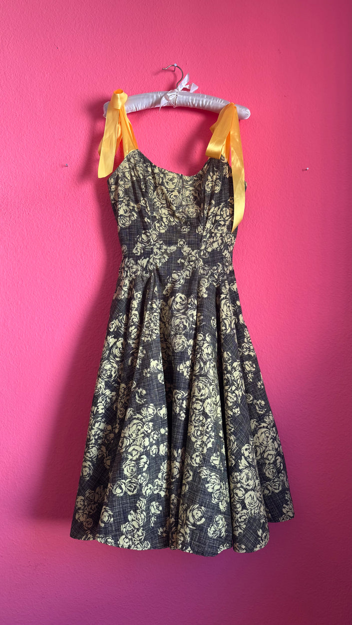 Vintage 1950s Black & Yellow Floral Cotton Blend Dress by Estevez for Grenelle