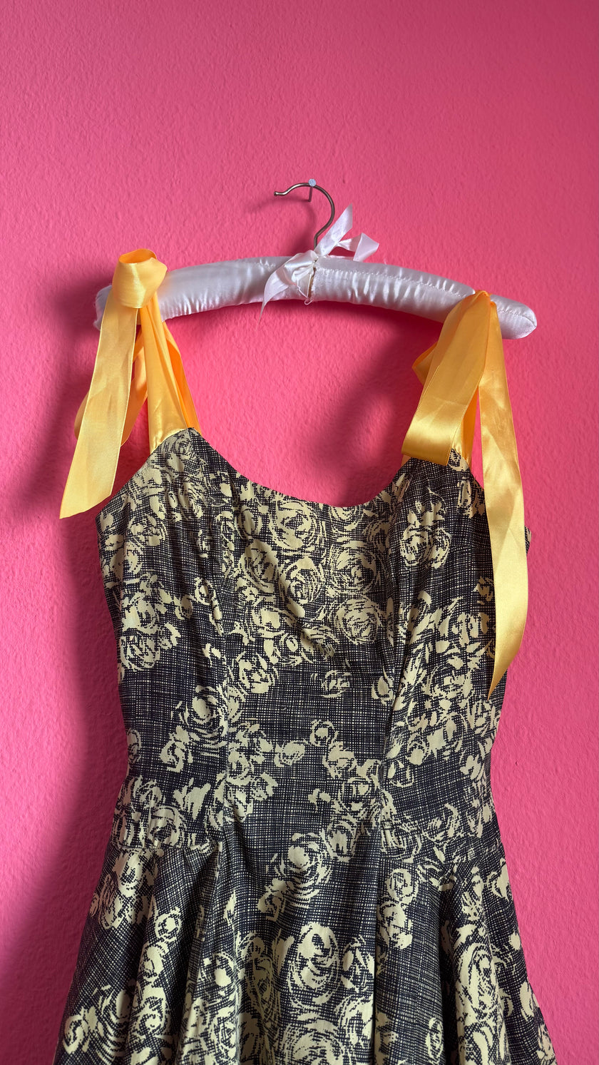 Vintage 1950s Black & Yellow Floral Cotton Blend Dress by Estevez for Grenelle