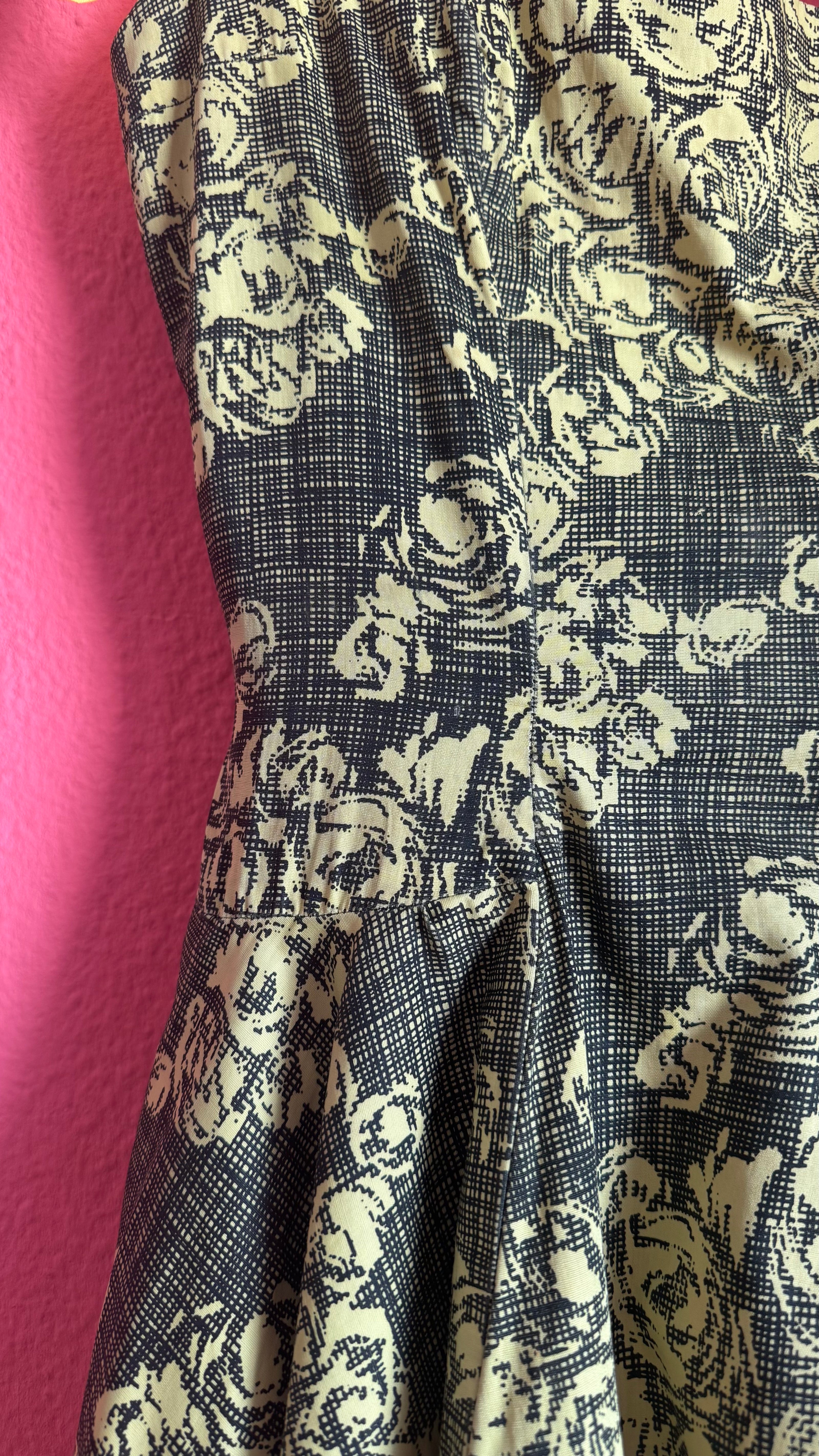 Vintage 1950s Black & Yellow Floral Cotton Blend Dress by Estevez for Grenelle