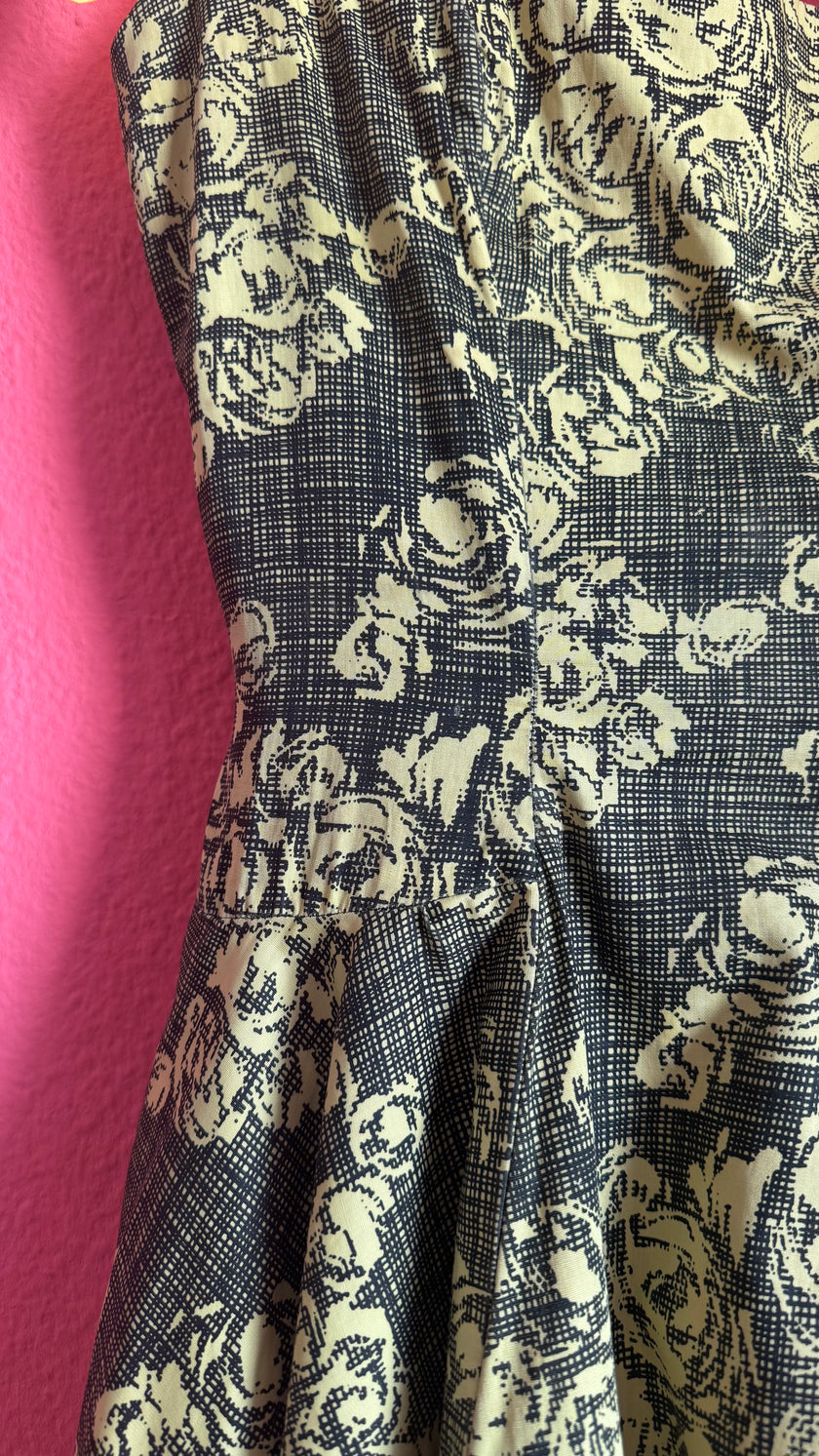 Vintage 1950s Black & Yellow Floral Cotton Blend Dress by Estevez for Grenelle