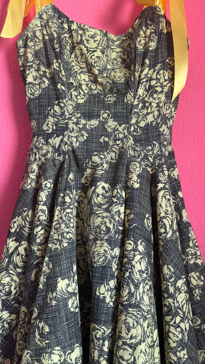 Vintage 1950s Black & Yellow Floral Cotton Blend Dress by Estevez for Grenelle