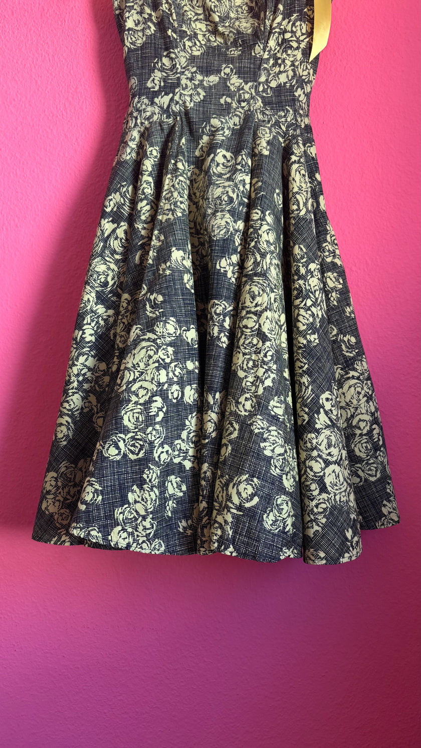 Vintage 1950s Black & Yellow Floral Cotton Blend Dress by Estevez for Grenelle