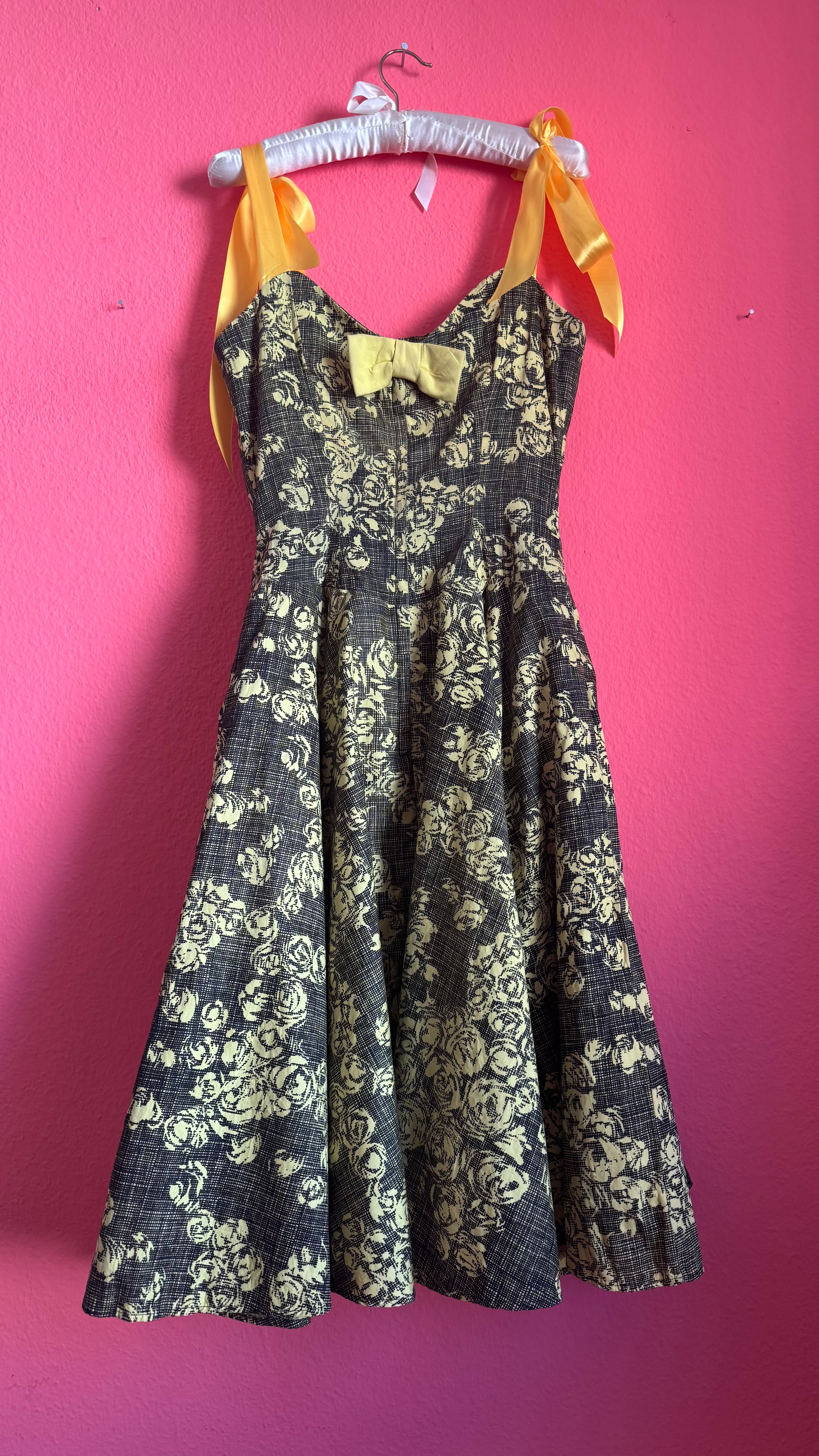 Vintage 1950s Black & Yellow Floral Cotton Blend Dress by Estevez for Grenelle
