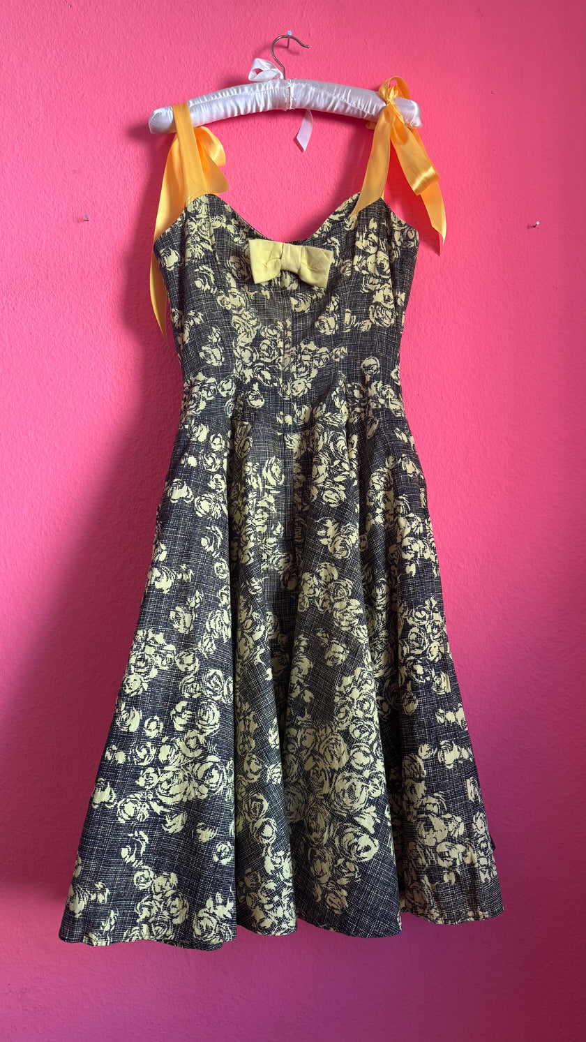 Vintage 1950s Black & Yellow Floral Cotton Blend Dress by Estevez for Grenelle
