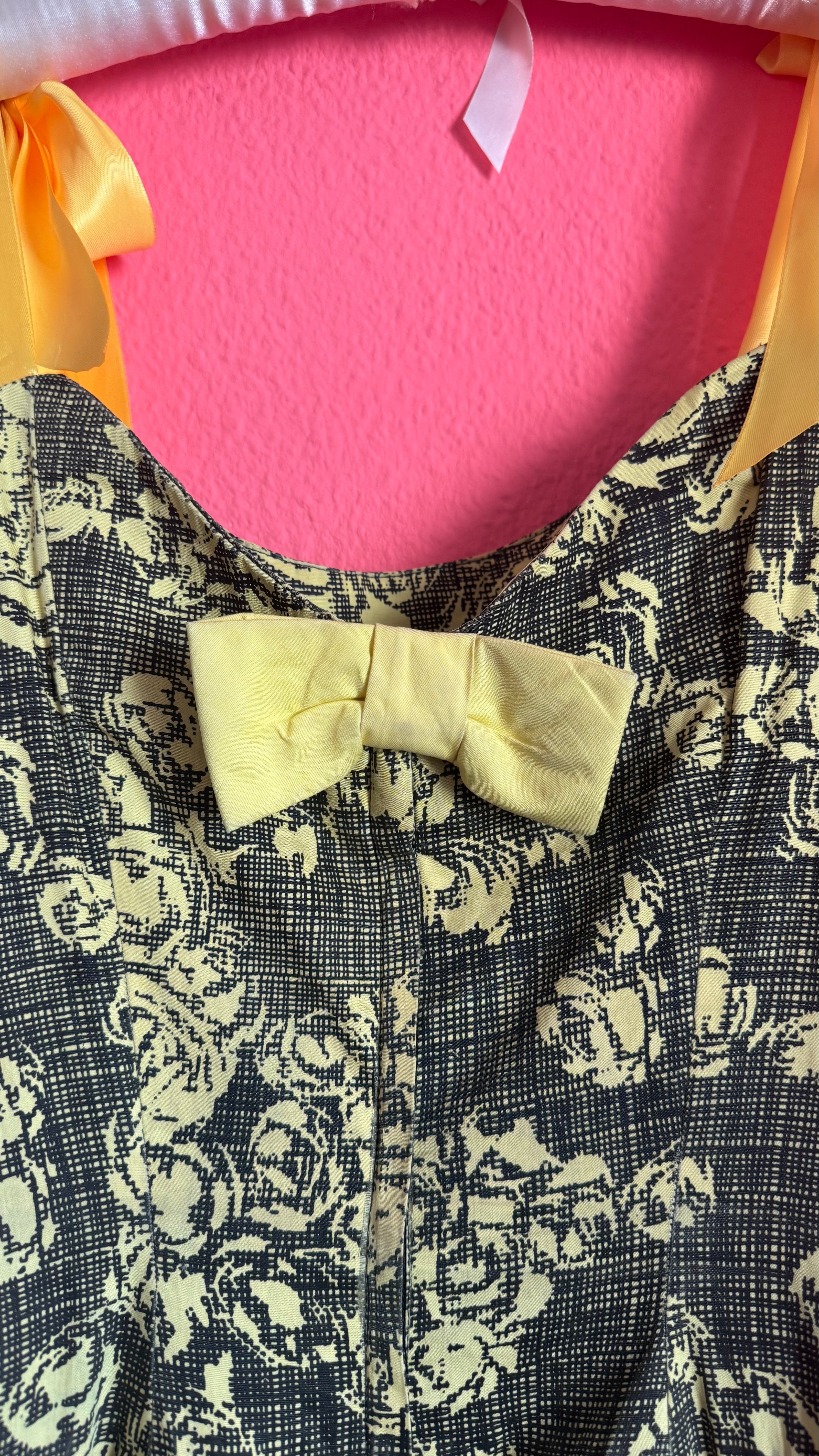 Vintage 1950s Black & Yellow Floral Cotton Blend Dress by Estevez for Grenelle