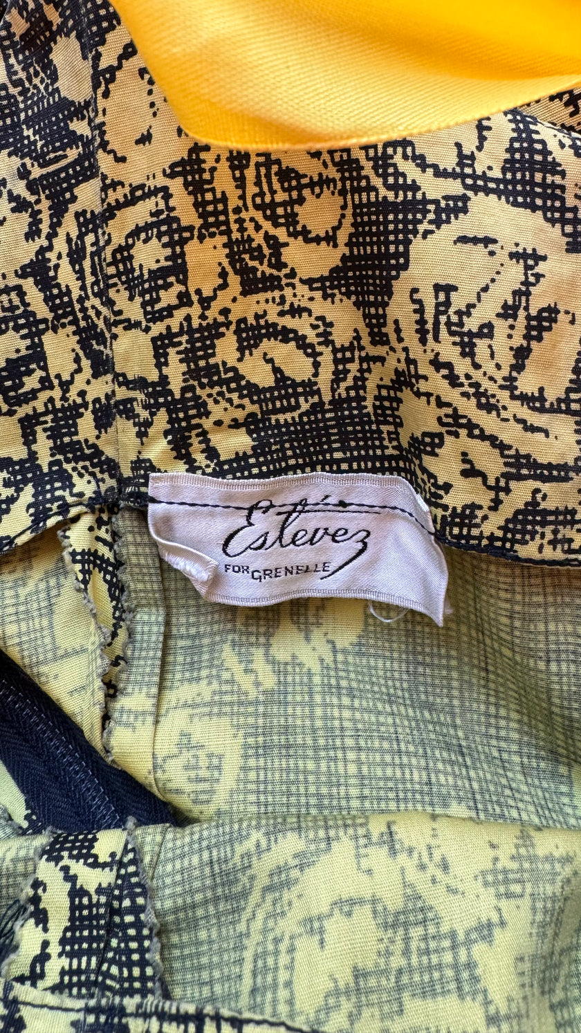 Vintage 1950s Black & Yellow Floral Cotton Blend Dress by Estevez for Grenelle