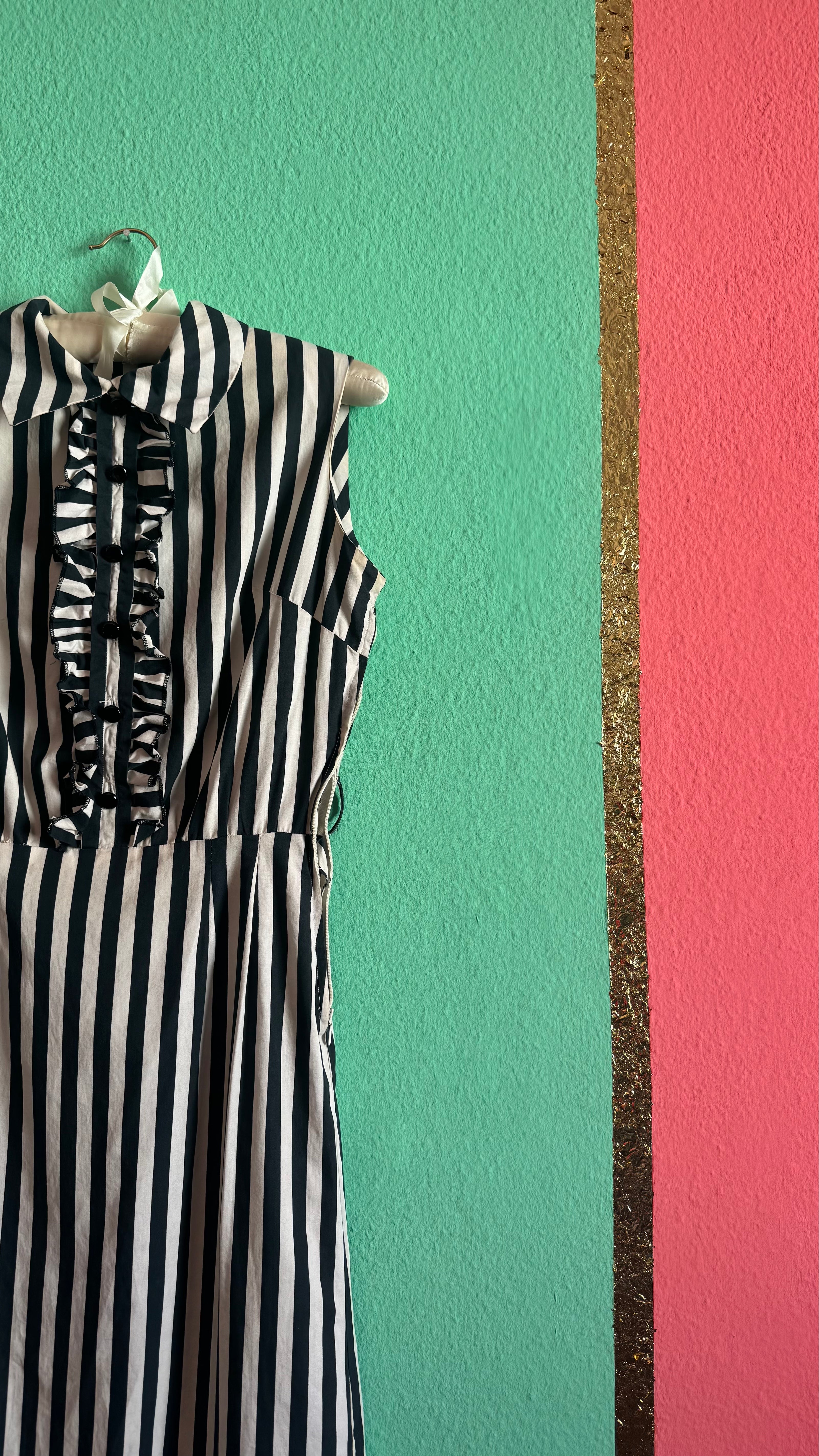 Vintage 1980s Black & Ivory Striped Cotton Belted Dress