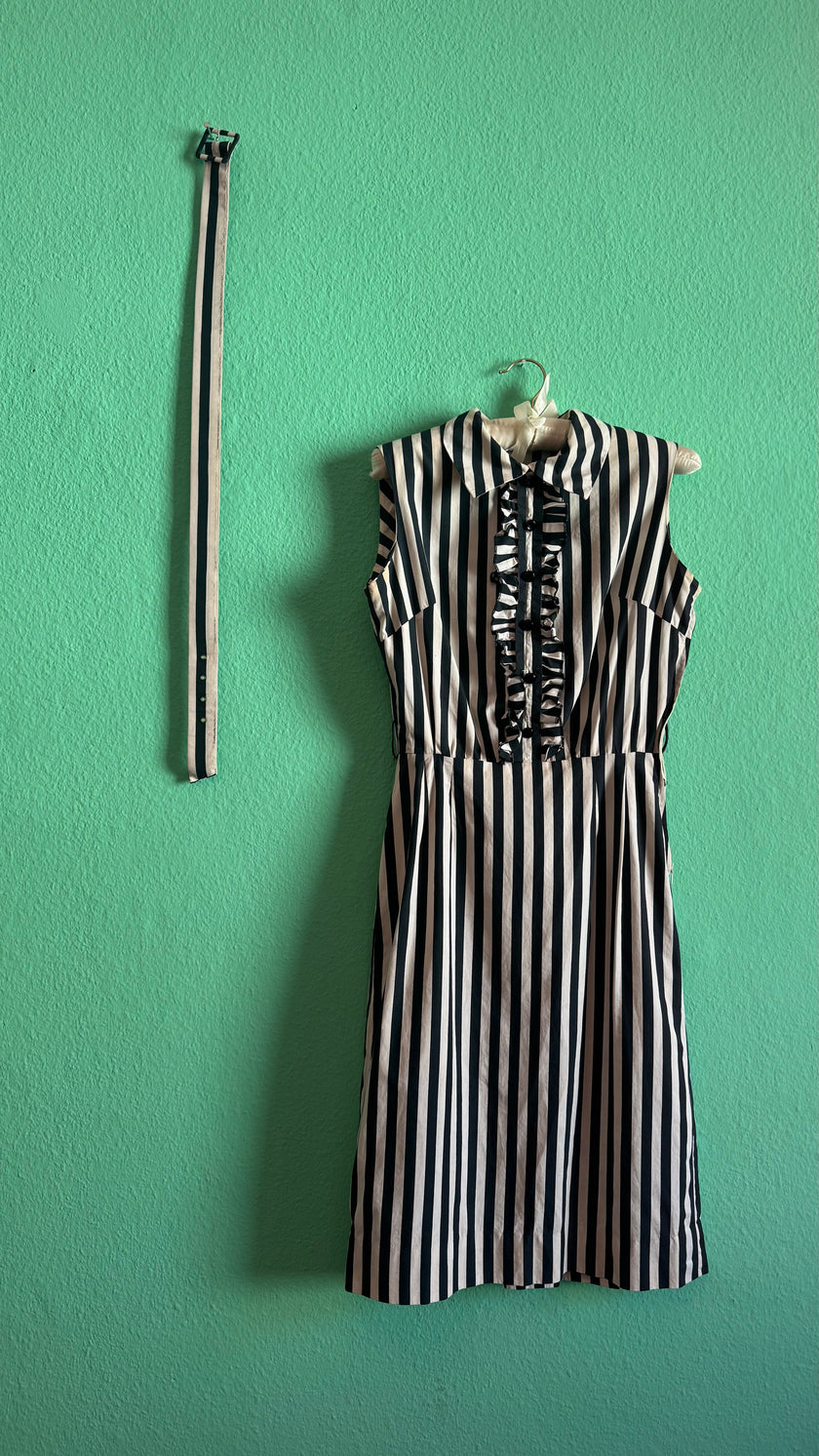 Vintage 1980s Black & Ivory Striped Cotton Belted Dress