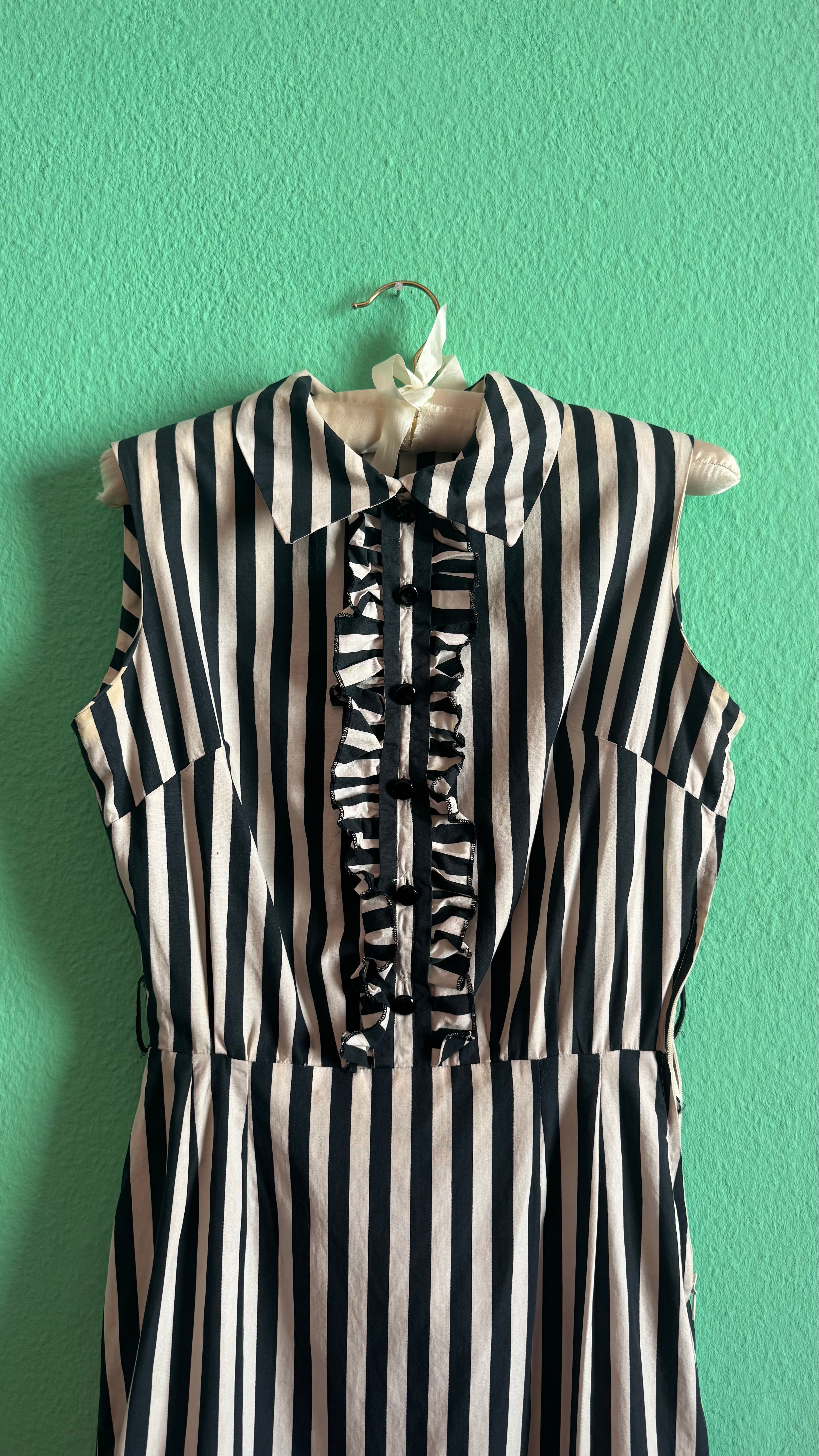 Vintage 1980s Black & Ivory Striped Cotton Belted Dress