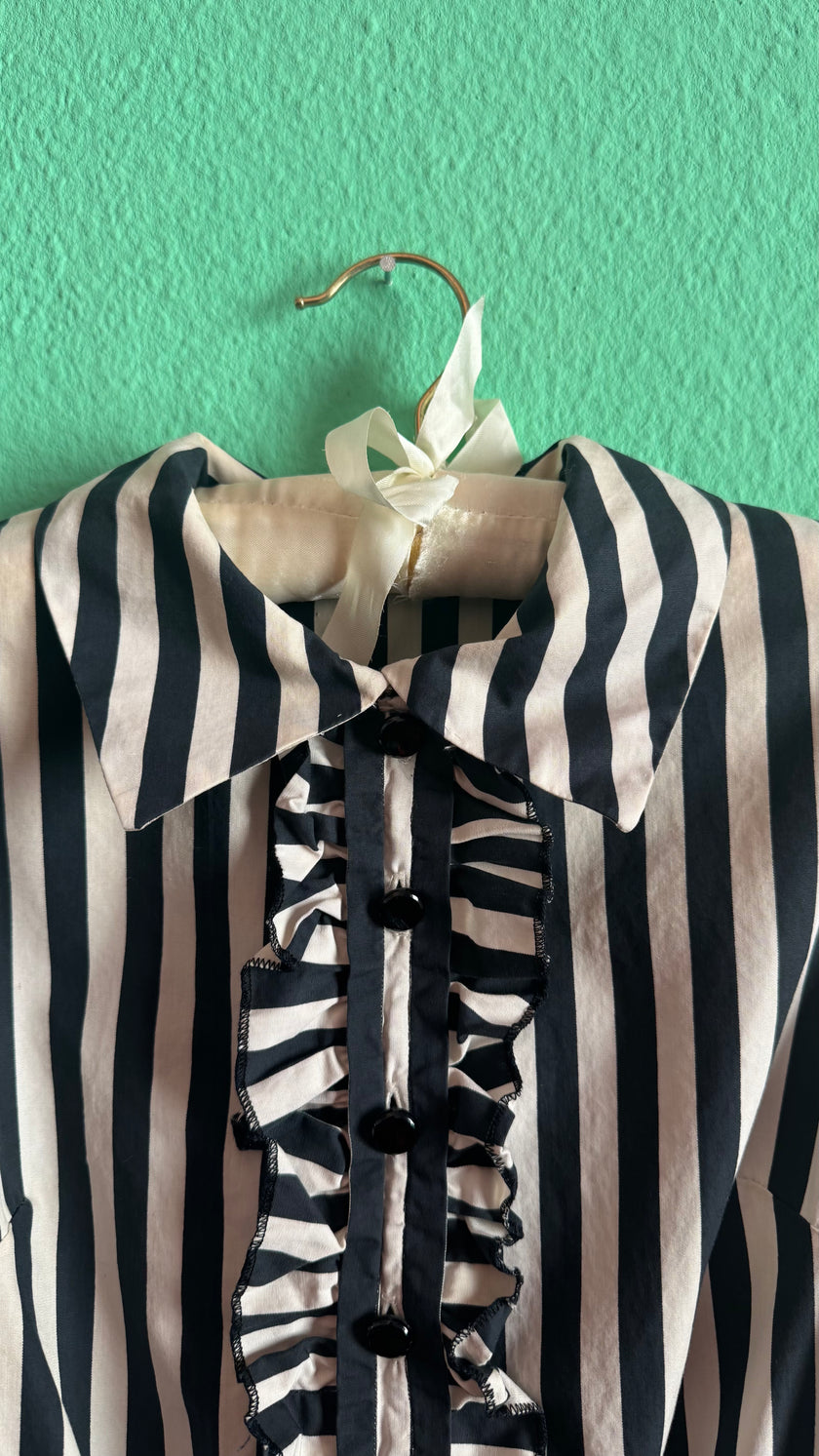 Vintage 1980s Black & Ivory Striped Cotton Belted Dress