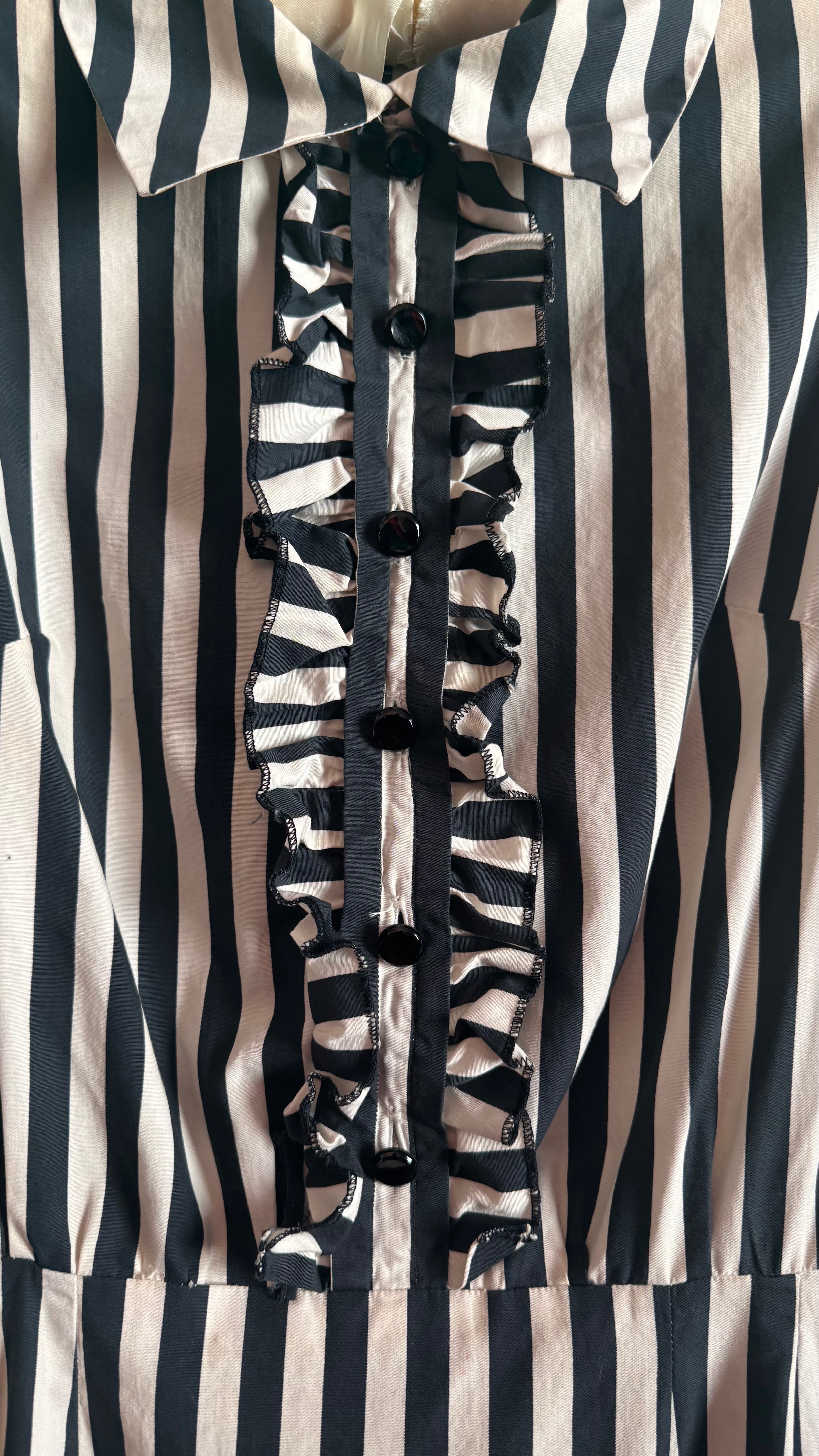 Vintage 1980s Black & Ivory Striped Cotton Belted Dress