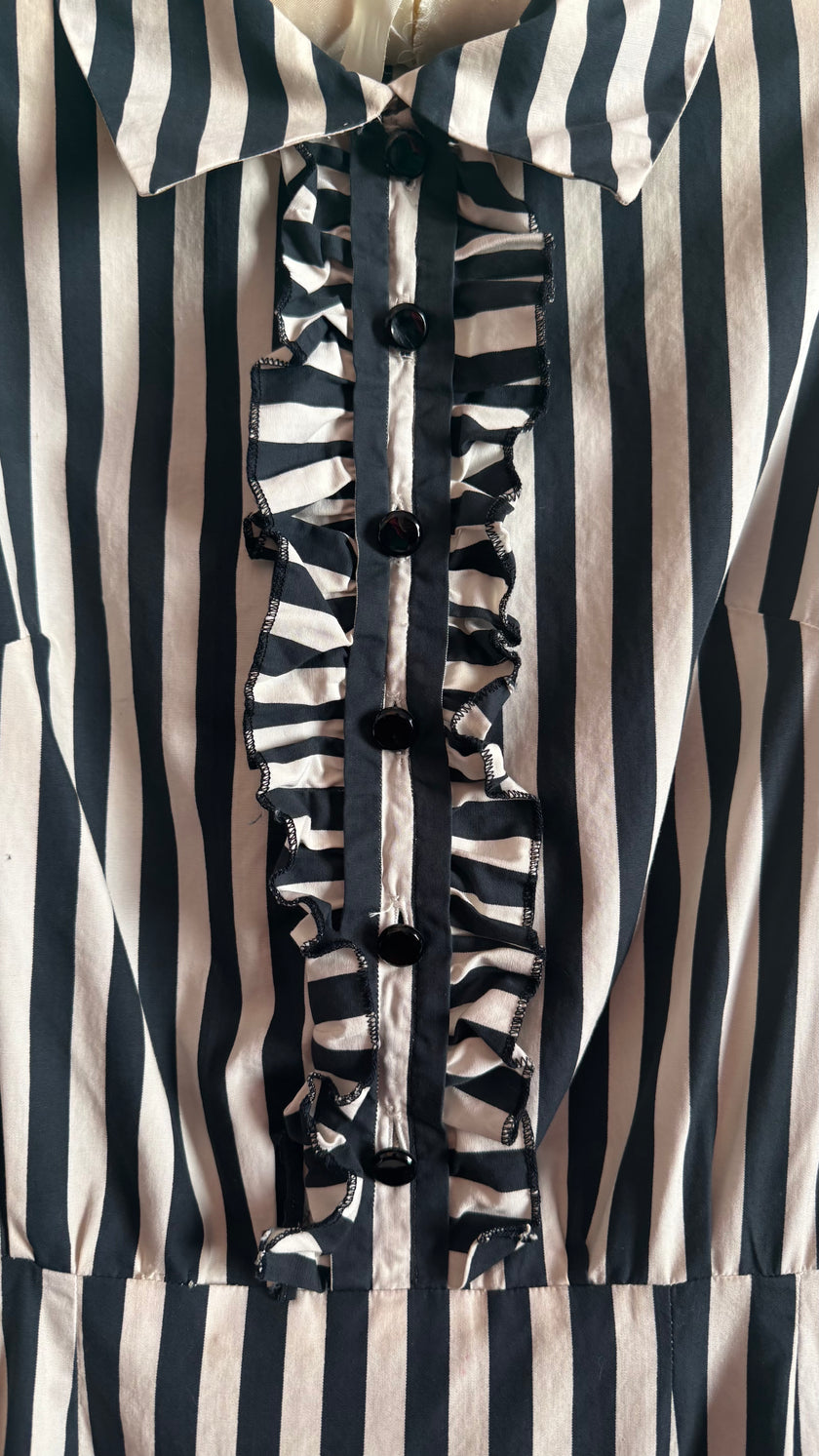 Vintage 1980s Black & Ivory Striped Cotton Belted Dress