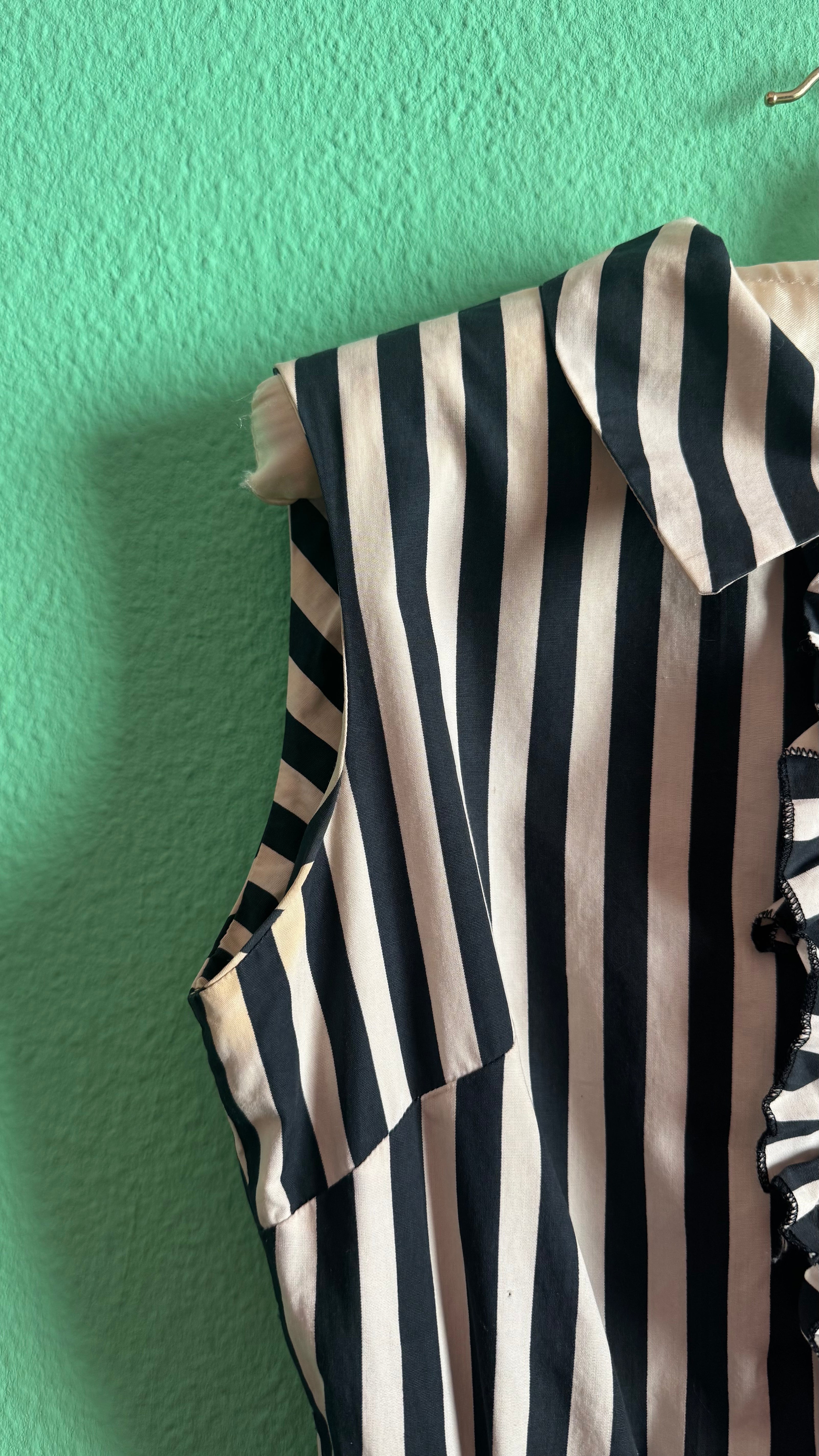 Vintage 1980s Black & Ivory Striped Cotton Belted Dress