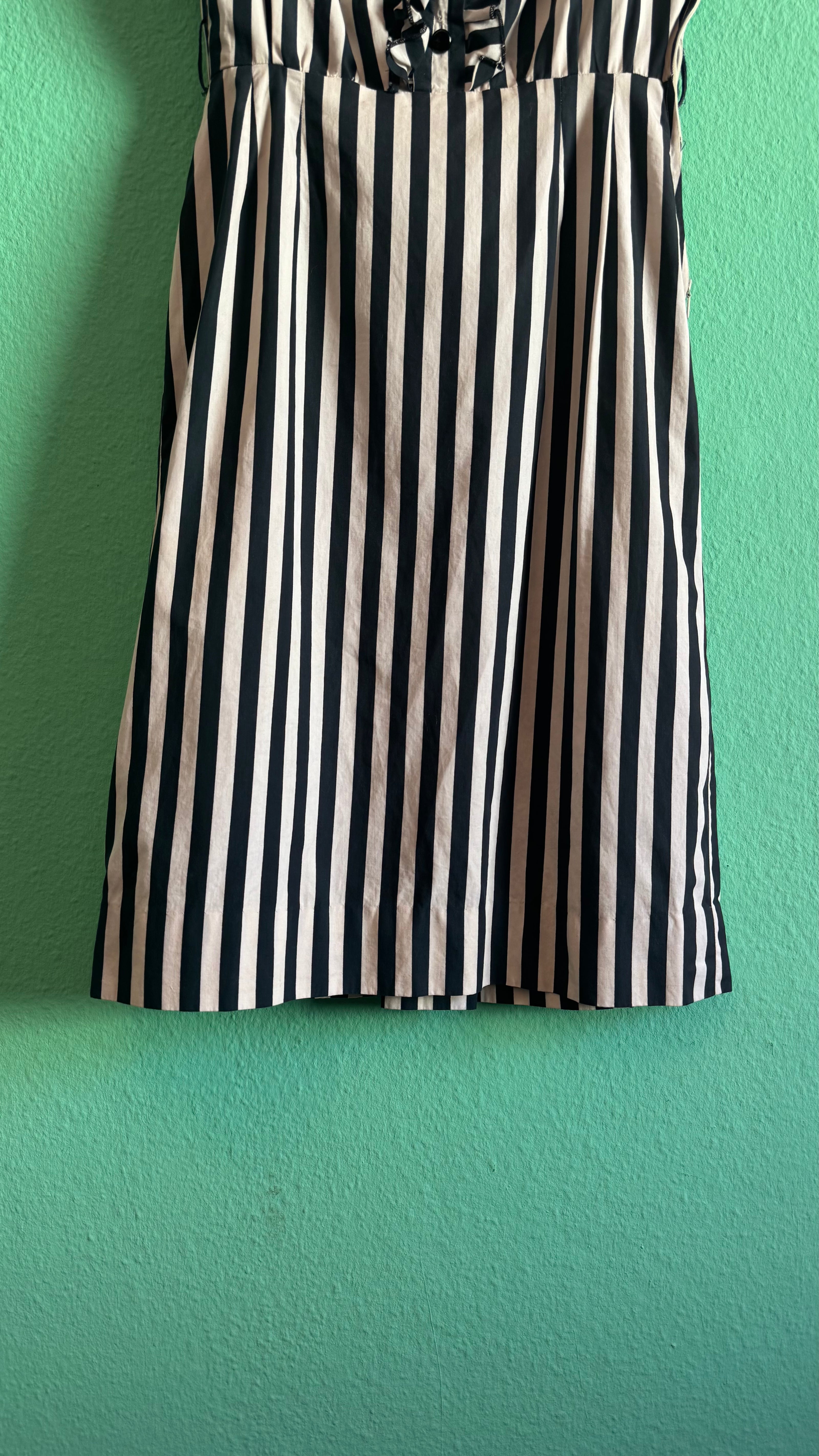 Vintage 1980s Black & Ivory Striped Cotton Belted Dress