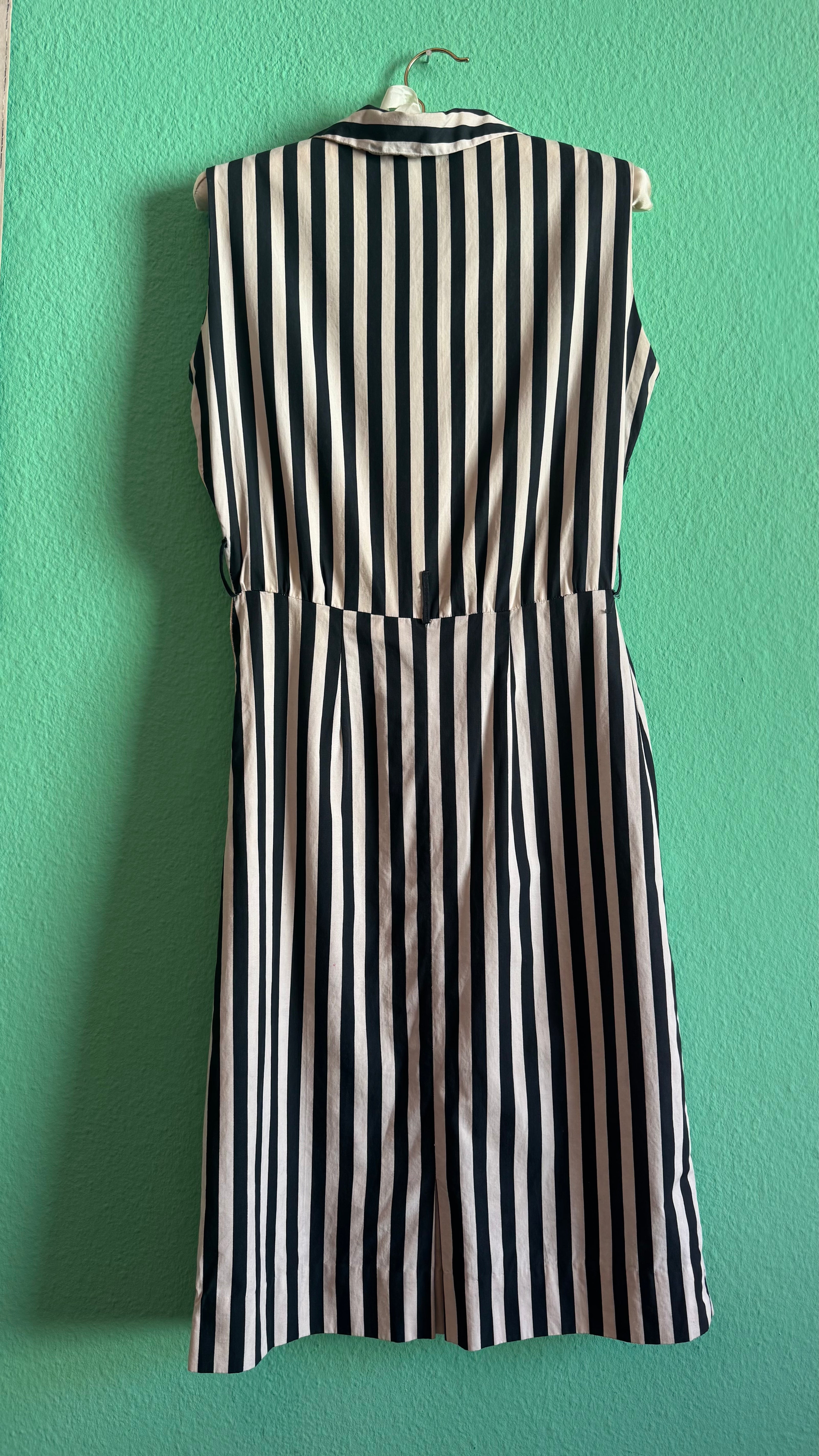 Vintage 1980s Black & Ivory Striped Cotton Belted Dress