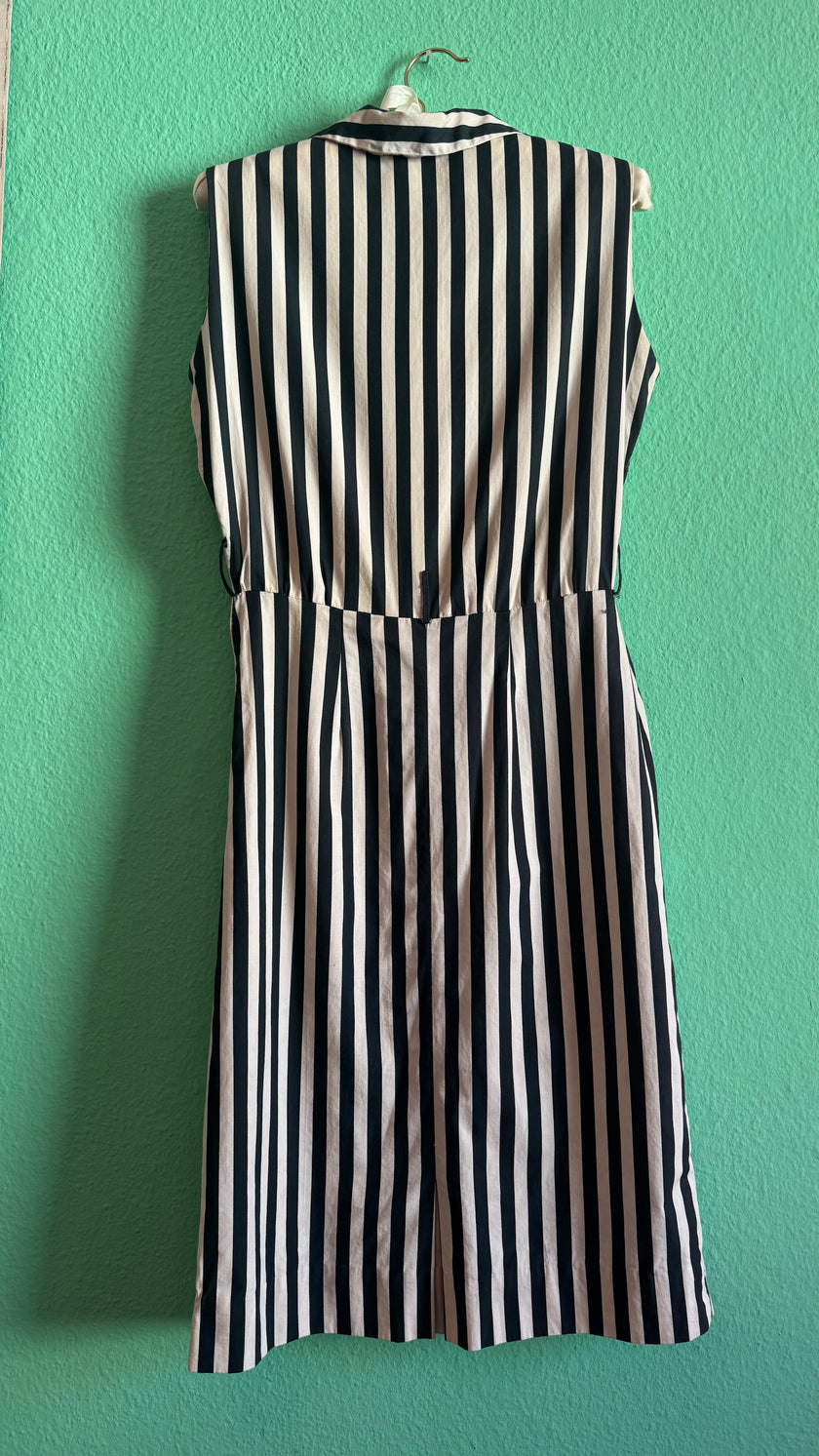 Vintage 1980s Black & Ivory Striped Cotton Belted Dress