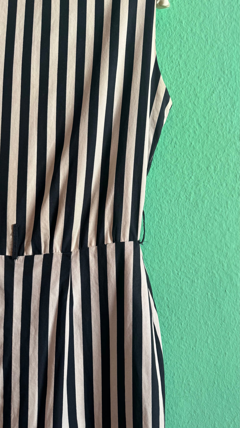 Vintage 1980s Black & Ivory Striped Cotton Belted Dress
