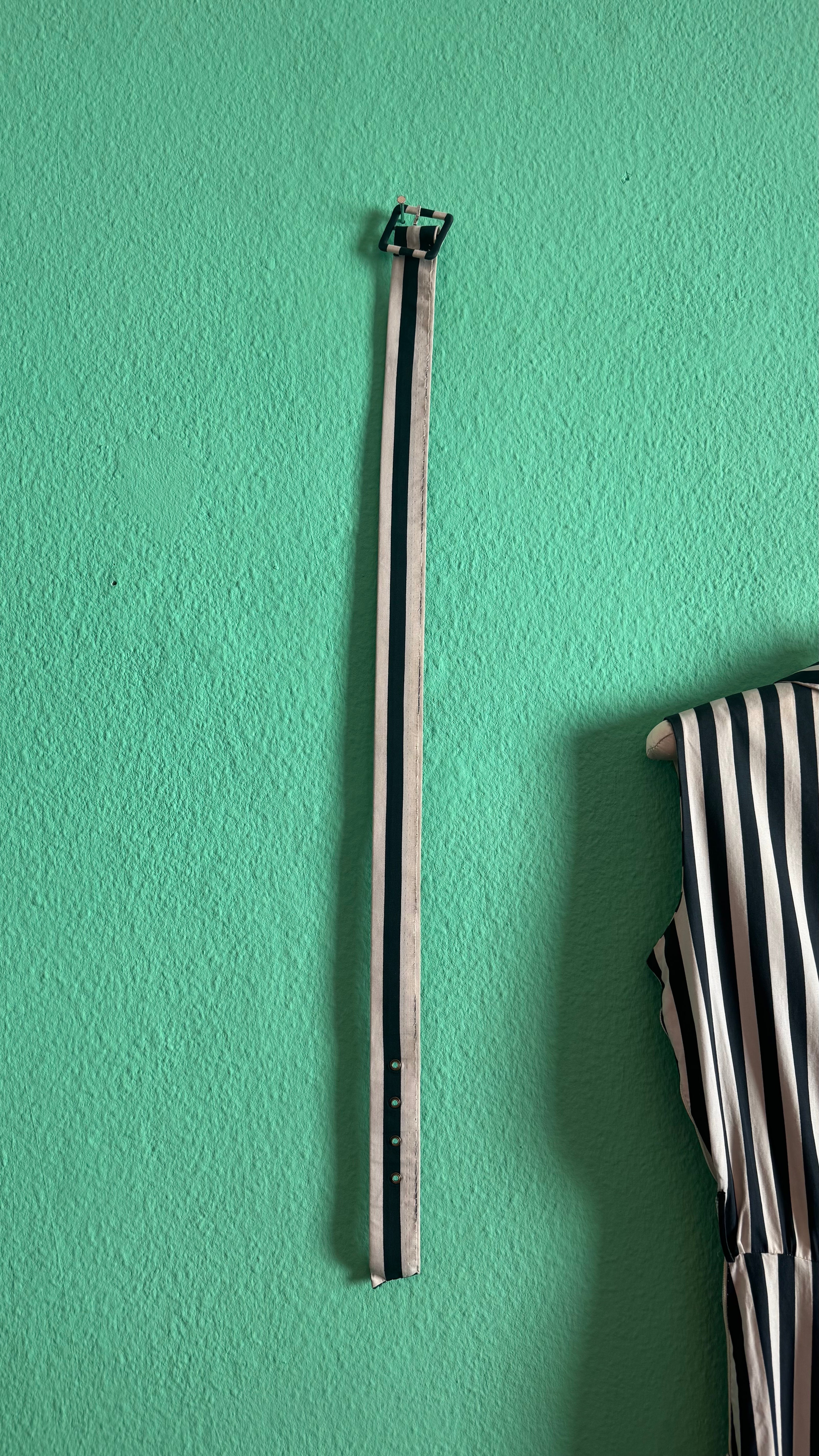 Vintage 1980s Black & Ivory Striped Cotton Belted Dress