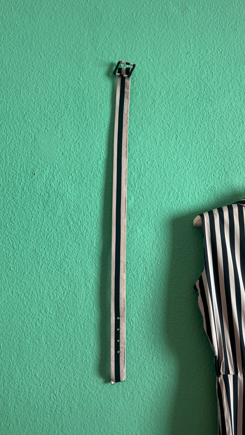 Vintage 1980s Black & Ivory Striped Cotton Belted Dress