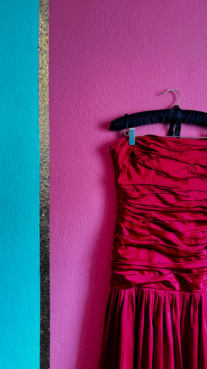 Vintage Escada Red Satin Evening Gown | Strapless Bustier Dress