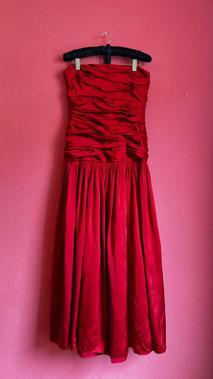 Vintage Escada Red Satin Evening Gown | Strapless Bustier Dress