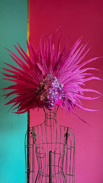 Vintage Magenta Feathered Headpiece | Floral Statement Hat