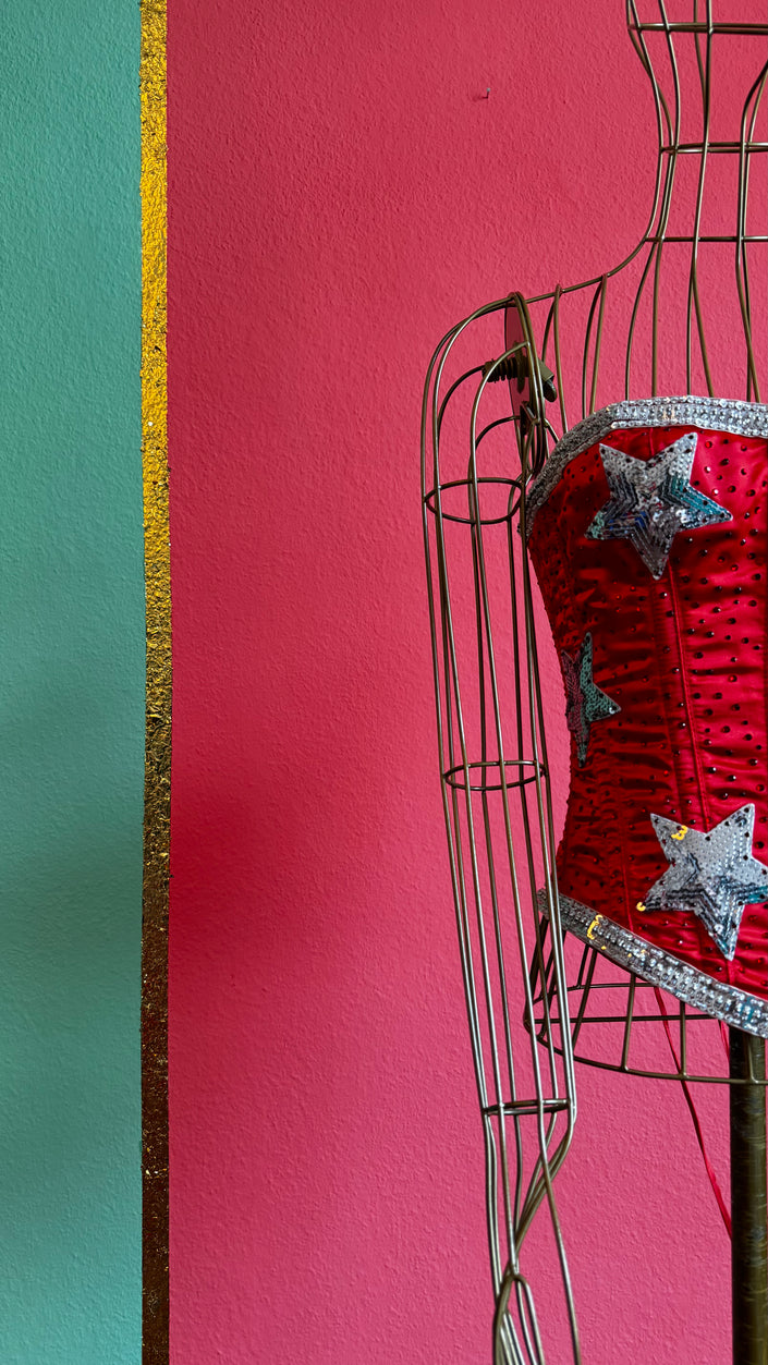 Happy End Red Satin Corset | Sequin Star Embellished