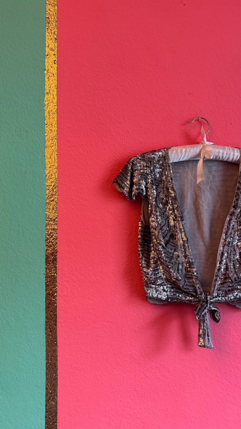 Vintage 1980s Silver Sequin Tie-Front Evening Top