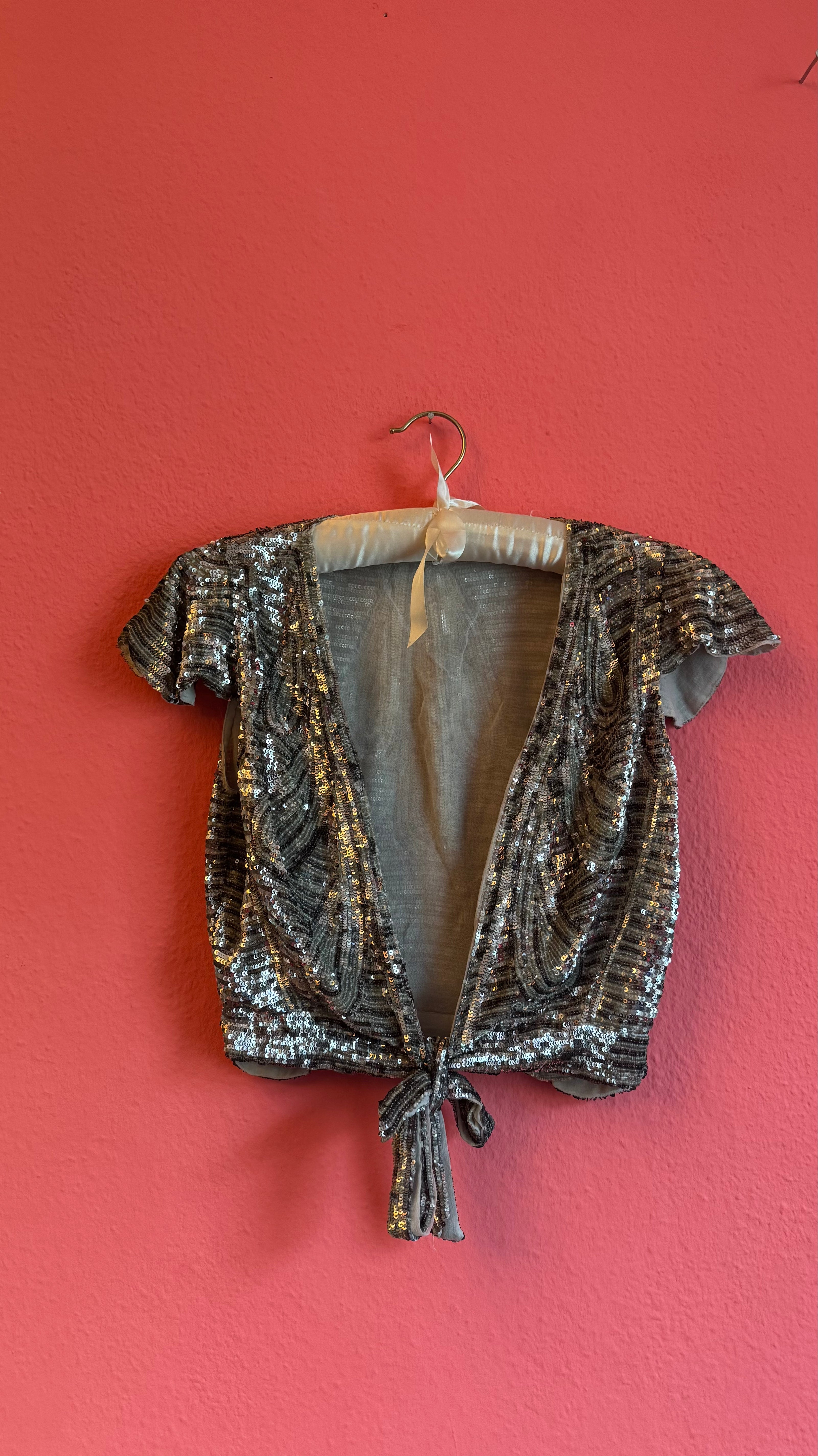 Vintage 1980s Silver Sequin Tie-Front Evening Top