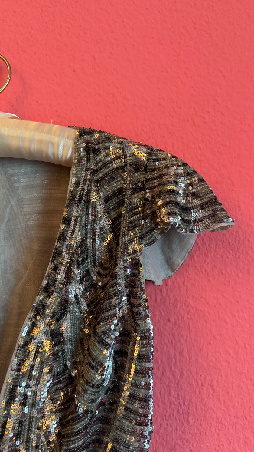 Vintage 1980s Silver Sequin Tie-Front Evening Top