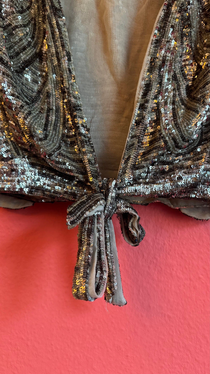 Vintage 1980s Silver Sequin Tie-Front Evening Top