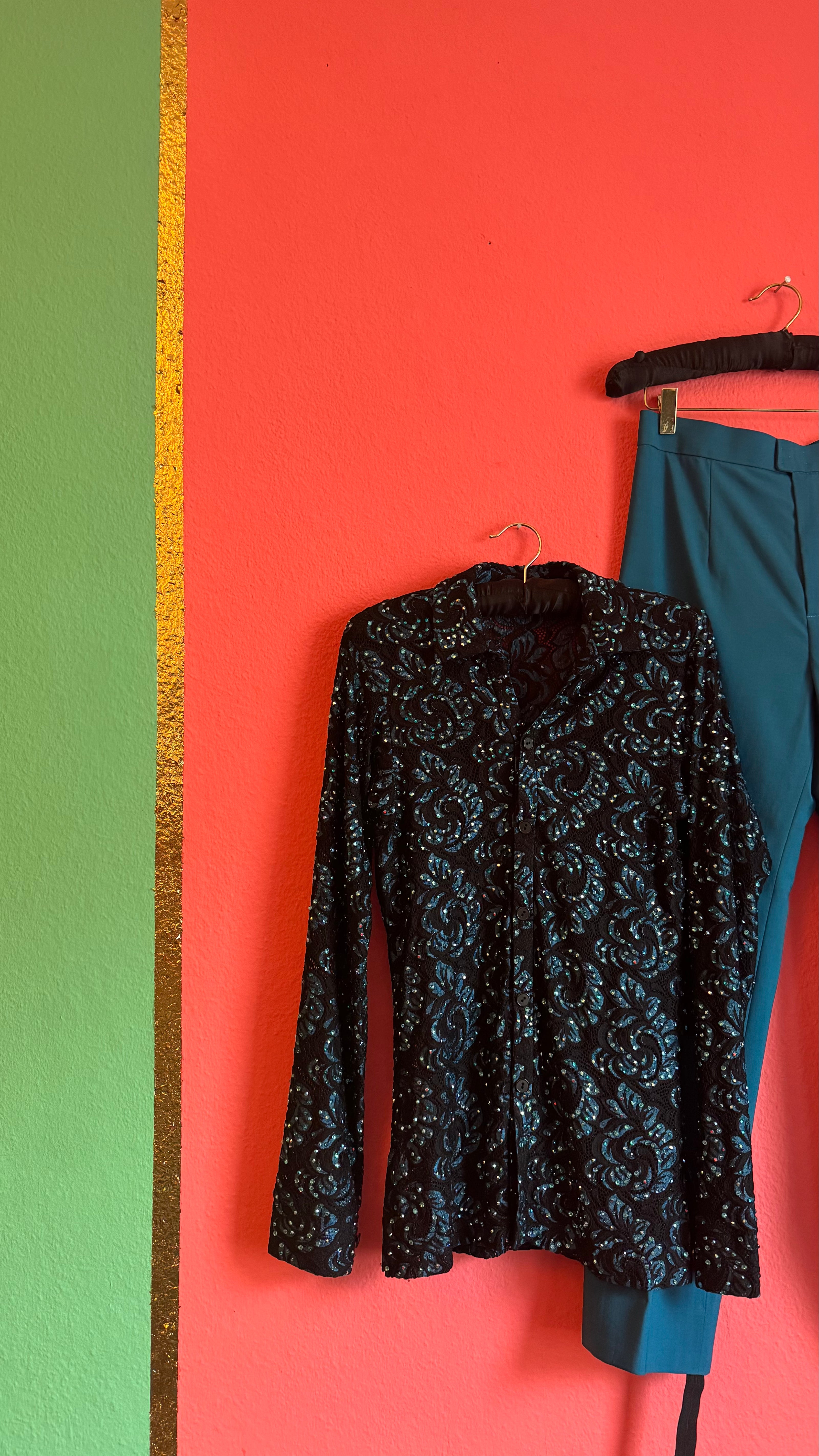 Vintage 1980s Black Sequin Blouse And Teal Trouser Set