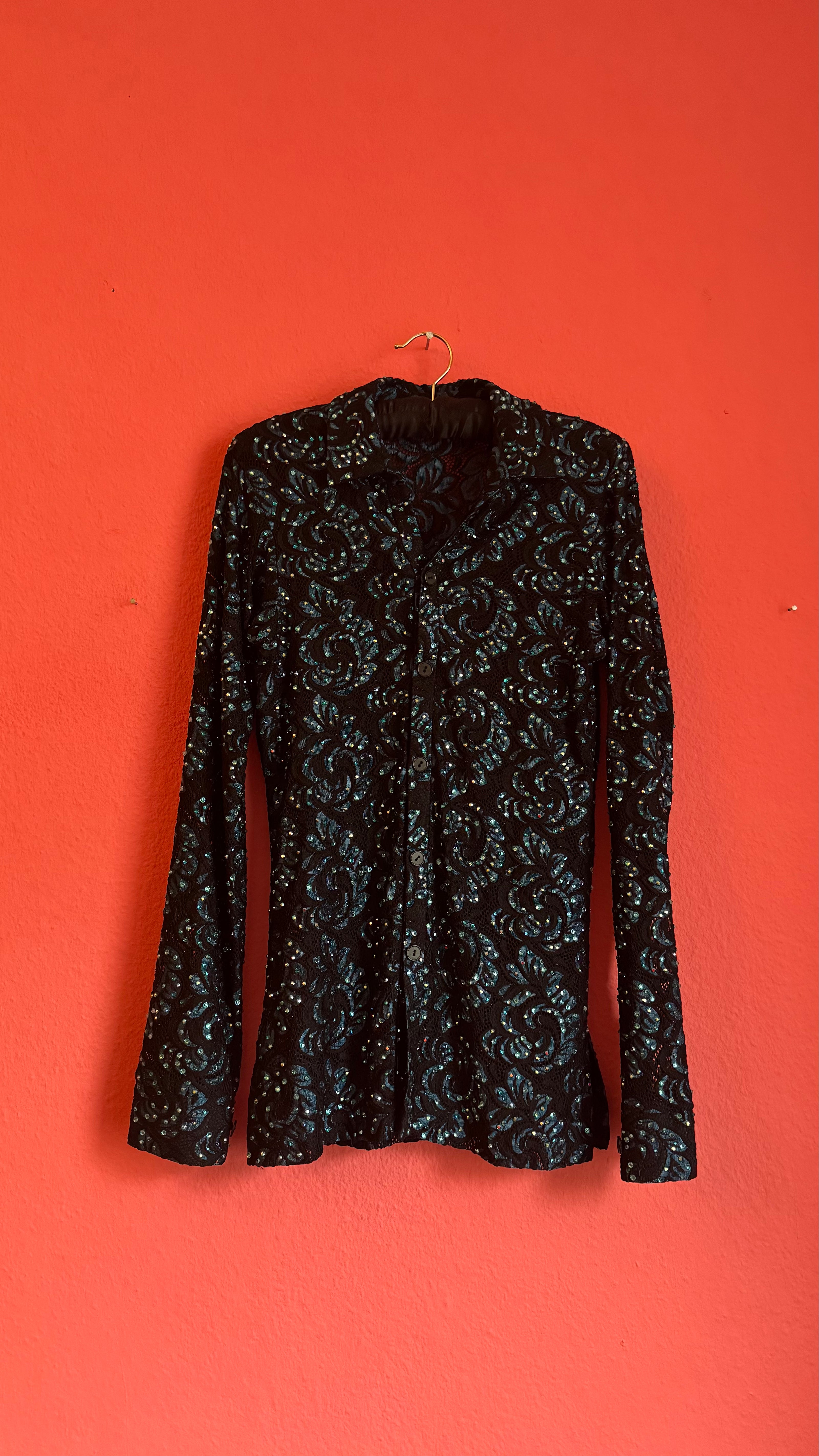 Vintage 1980s Black Sequin Blouse And Teal Trouser Set
