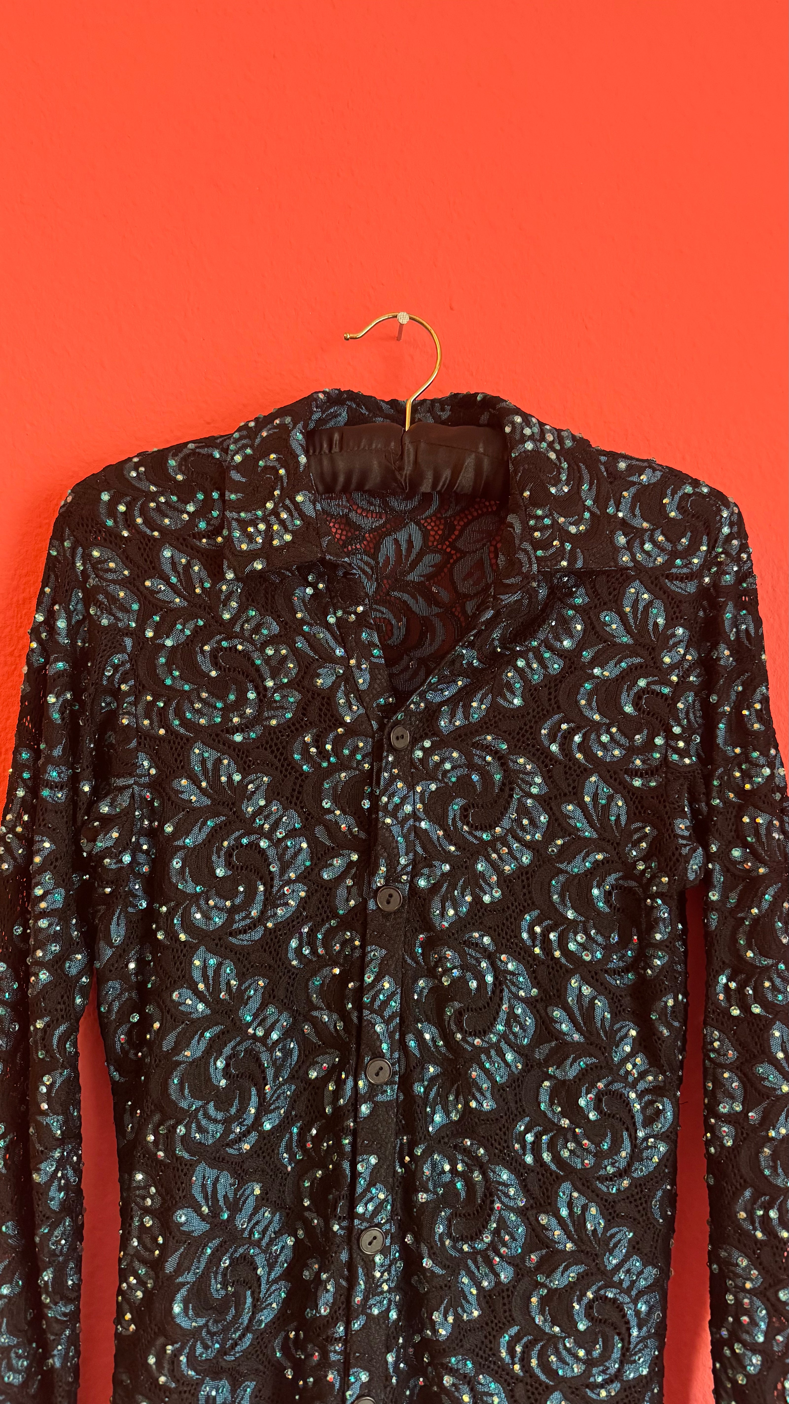 Vintage 1980s Black Sequin Blouse And Teal Trouser Set