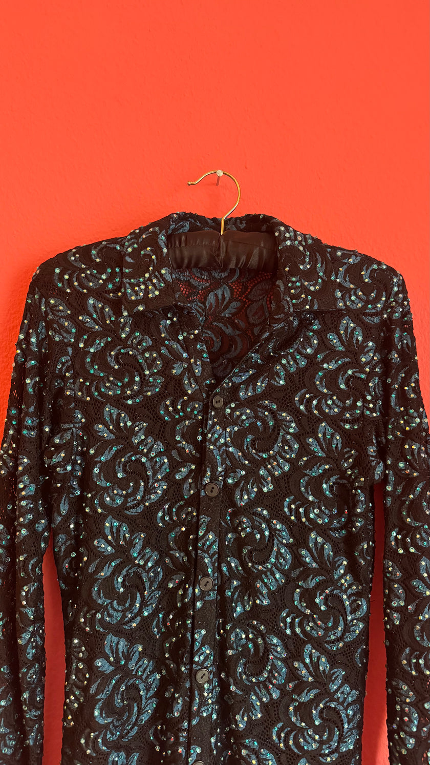 Vintage 1980s Black Sequin Blouse And Teal Trouser Set