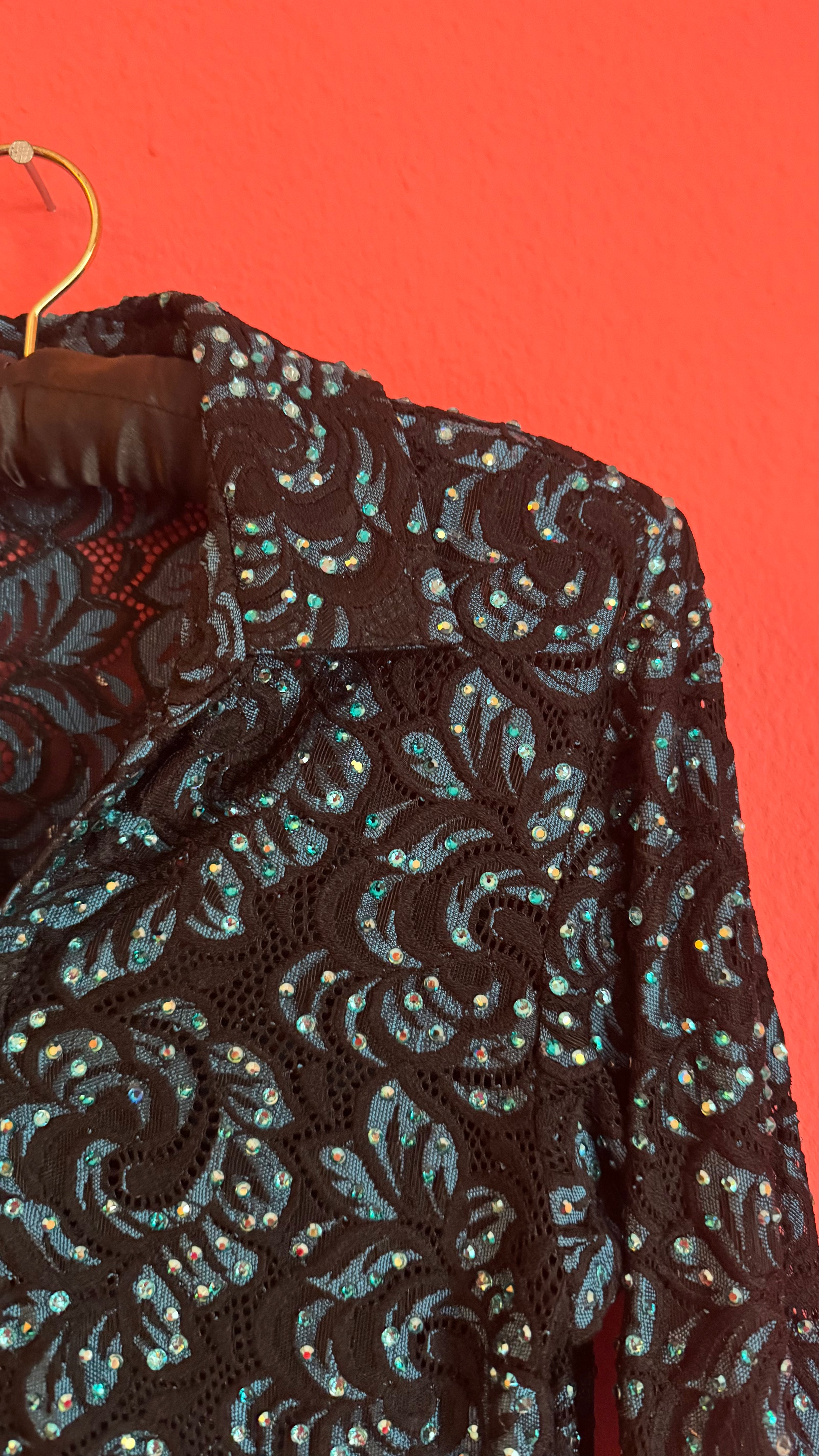 Vintage 1980s Black Sequin Blouse And Teal Trouser Set