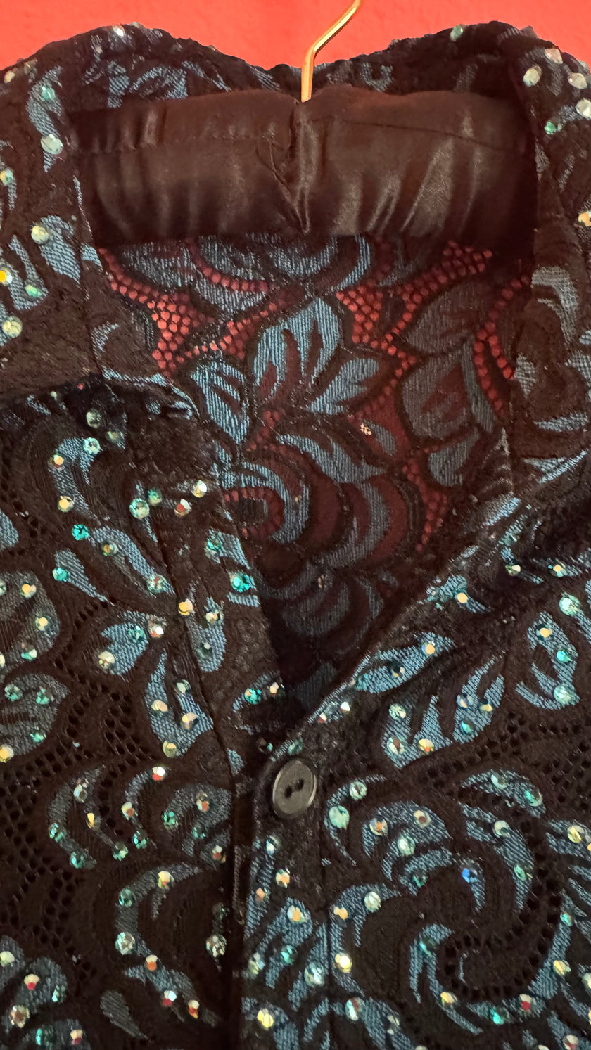 Vintage 1980s Black Sequin Blouse And Teal Trouser Set