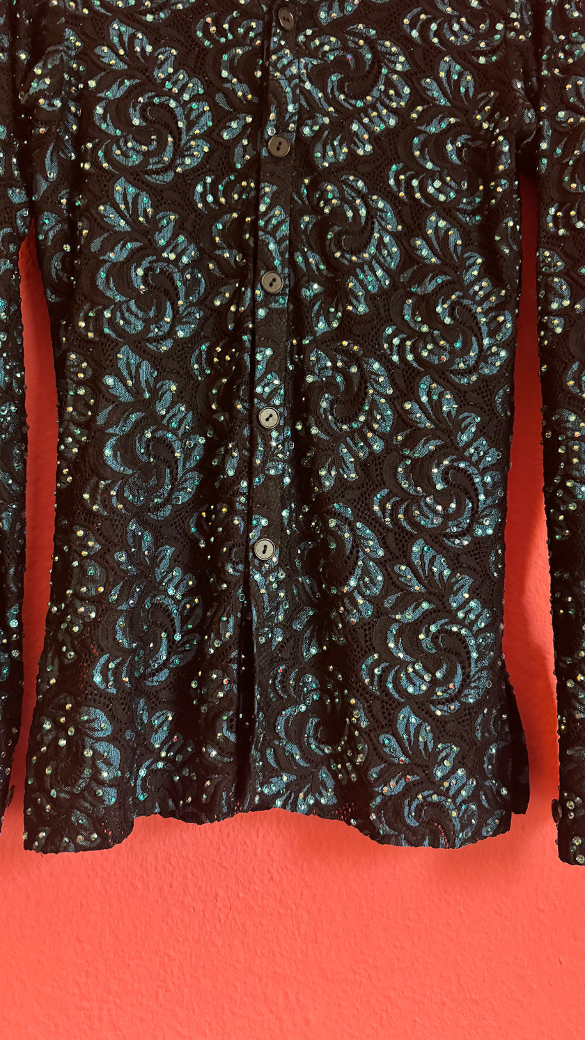 Vintage 1980s Black Sequin Blouse And Teal Trouser Set