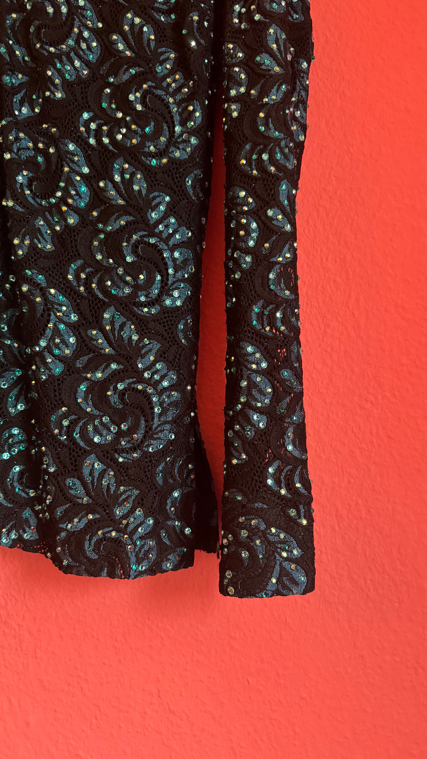Vintage 1980s Black Sequin Blouse And Teal Trouser Set