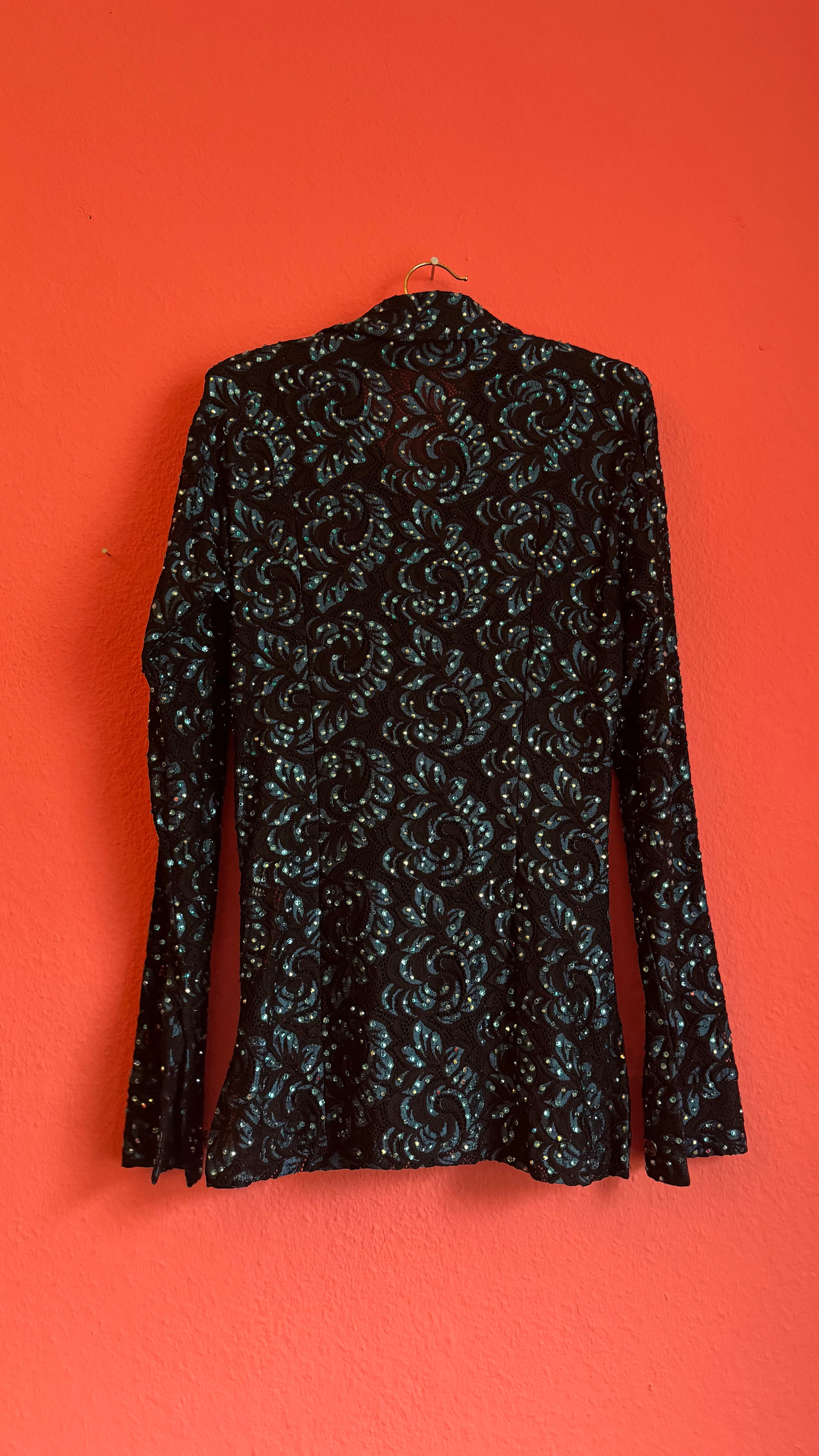 Vintage 1980s Black Sequin Blouse And Teal Trouser Set