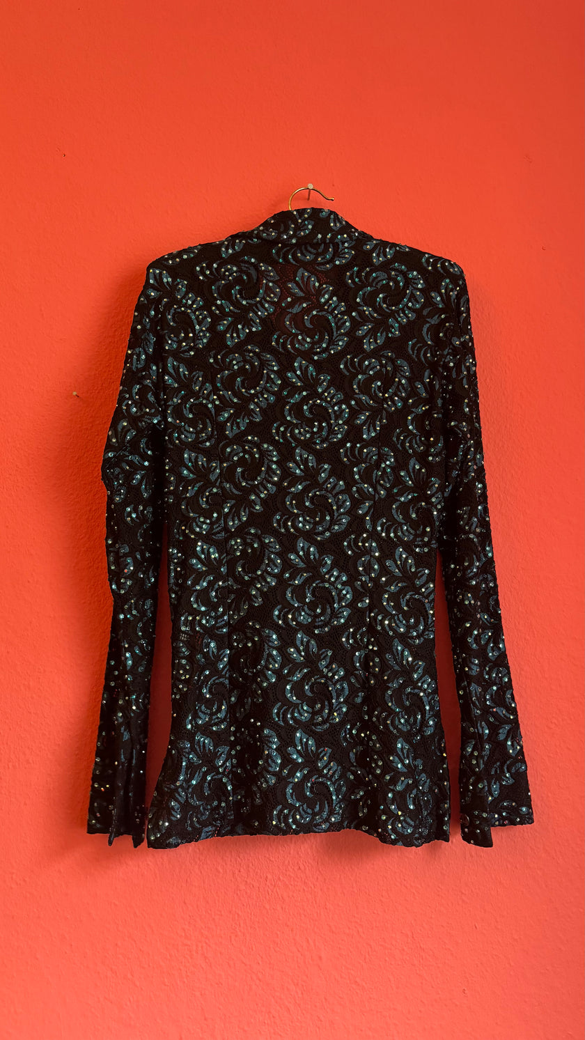 Vintage 1980s Black Sequin Blouse And Teal Trouser Set
