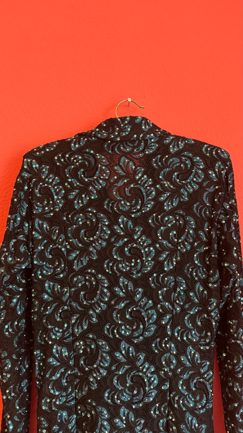 Vintage 1980s Black Sequin Blouse And Teal Trouser Set