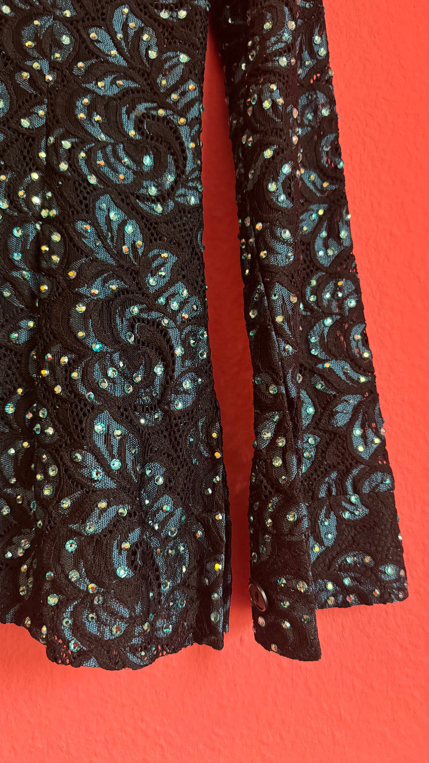 Vintage 1980s Black Sequin Blouse And Teal Trouser Set