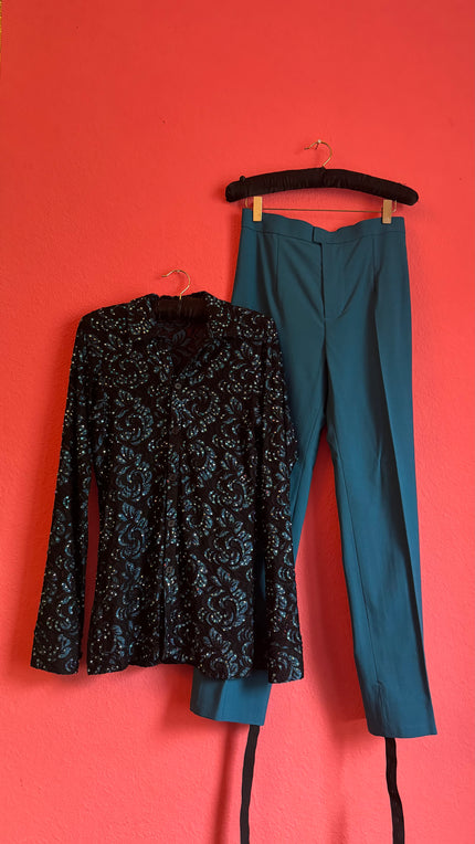 Vintage 1980s Black Sequin Blouse And Teal Trouser Set