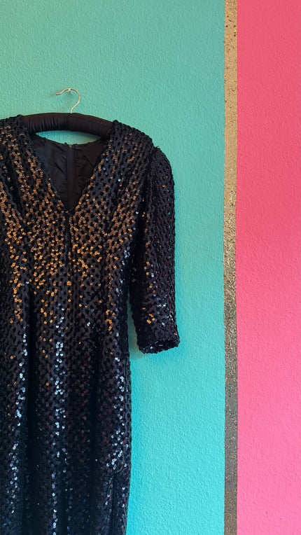 Vintage 1980s Black Sequin Midi Evening Dress