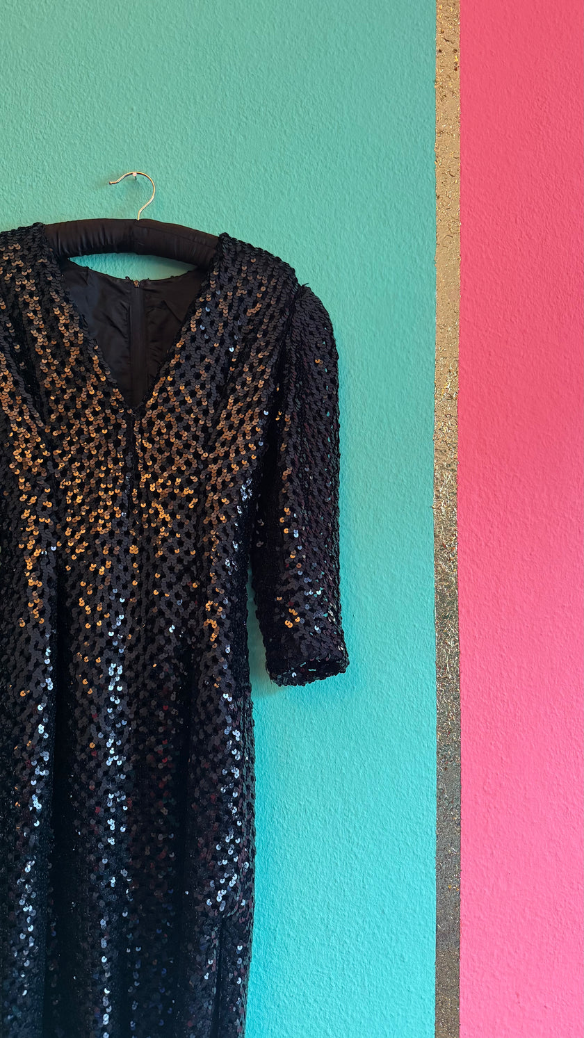Vintage 1980s Black Sequin Midi Evening Dress