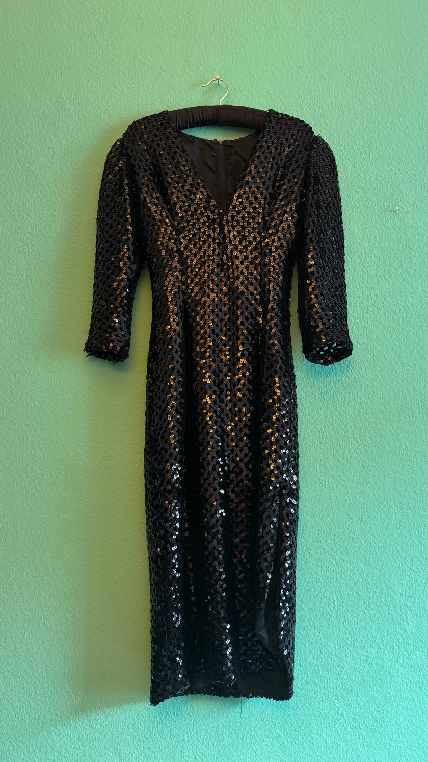Vintage 1980s Black Sequin Midi Evening Dress